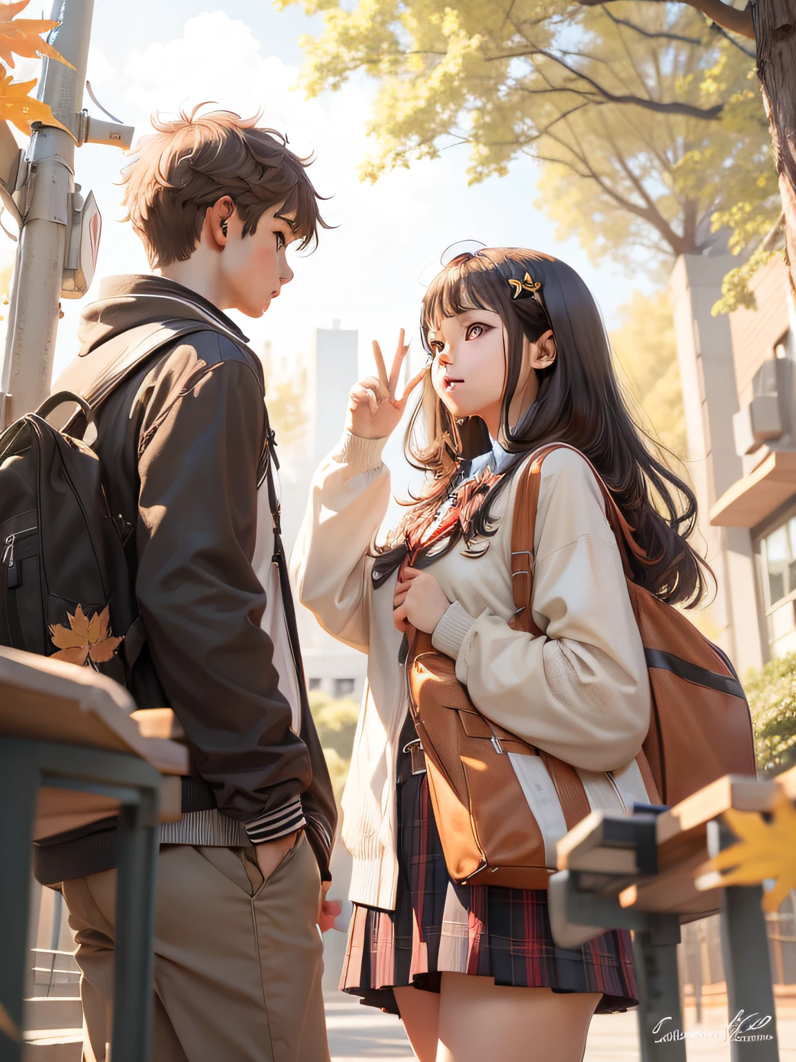 youthful campus，schoolboy，schoolgirls，Face-to-eye chat，outside，maple leaves