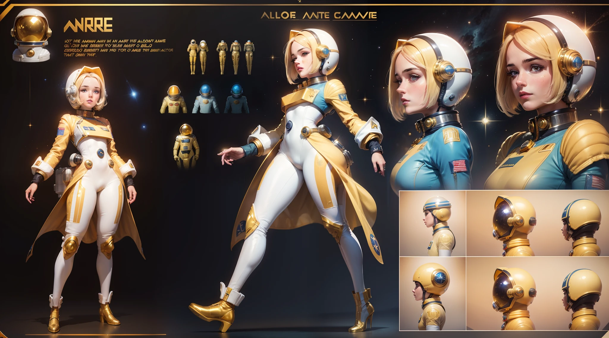 woman space cadet named Anne-Marie Alto, (((Anne-Marie Alto))), detailed face, fullbody, ((golden art deco space suit)), turnaround, character sheet