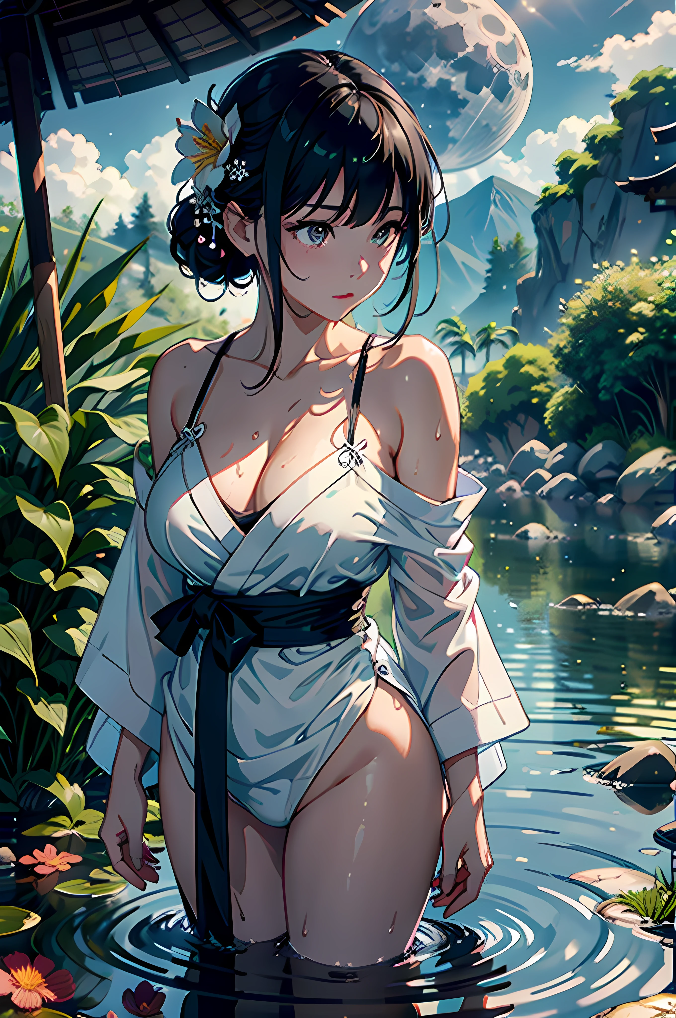 1girl, breasts, moon, lantern, night, solo, large breasts, hair ornament, wet, kimono, japanese clothes, wading, water, hair flower, flower, outdoors, sky, full moon, rain, black hair, off shoulder, mountain, cloud, holding, sash, bare shoulders, paper lantern, standing, white kimono, night sky, sideboob, obi, wet clothes, bangs, tree, from side, reflection, short hair, cloudy sky, wet hair (((masterpiece),(extremely detailed CG unity 8k wallpaper),best quality,,solo,1girl,cinematic lighting,detailed background,beautiful detailed eyes,bright pupils, (an extremely delicate and beautiful),(Beautiful and detailed eye description), ultra-detailed,masterpiece,)),