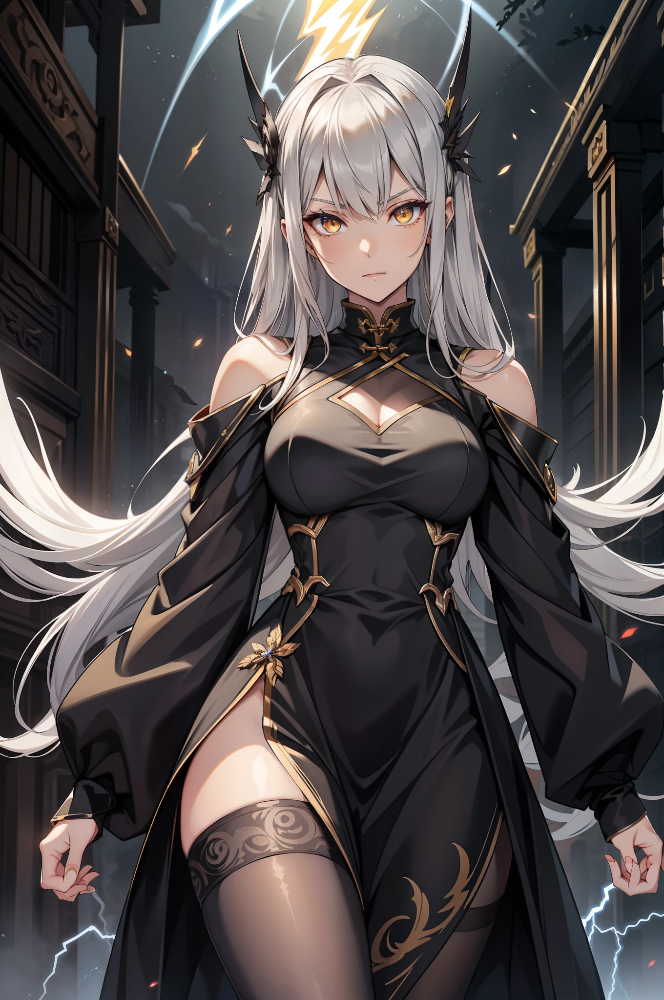 Sharp eyes, yellow eyes, extremely detailed eyes, eyes close up, Chinese dress, leg slit dress, pantyhose, black clothes, black and silver hair, lightning eyes, glowing eyes, wind blowing hair, radiating eyes, dark room, eyes focus