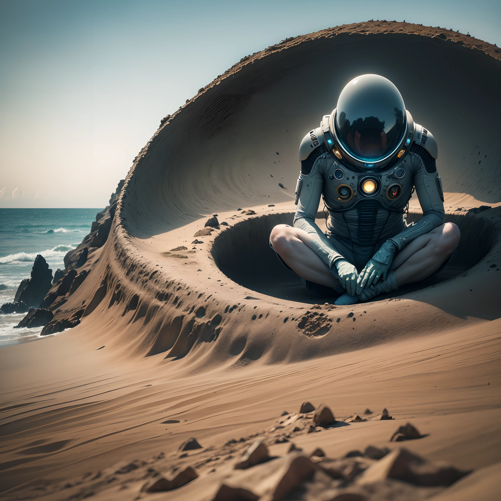 old color photo, sad alien sitting close-up, UFO crash site, background isolated uninhabited island in the ocean, broken disk spaceship half buried in the sand, 8k --auto --s2