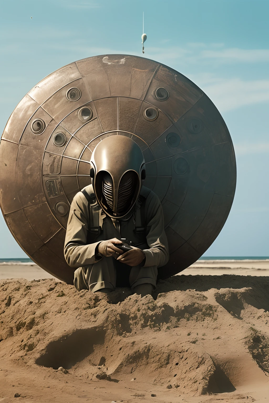 old color photo, sad alien sitting close-up, UFO crash site, background isolated uninhabited island in the ocean, broken disk spaceship half buried in the sand, 8k --auto --s2