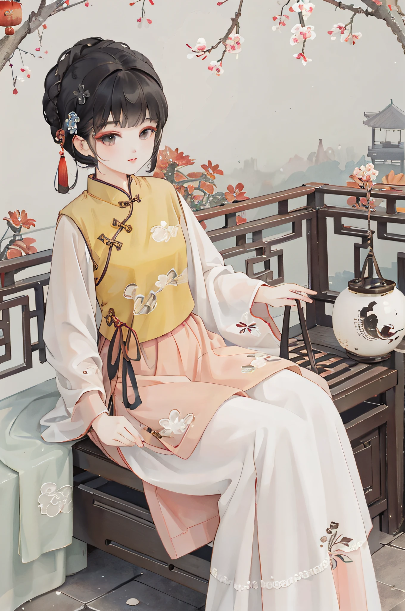 （1 Cheongsam beauty：1.5）, sitted, Looking up, Mid-Autumn Festival atmosphere, Chinese illustration style, number art, Simple background, （（white backgrounid））, Best quality, Ultra-detailed, High quality, 4K