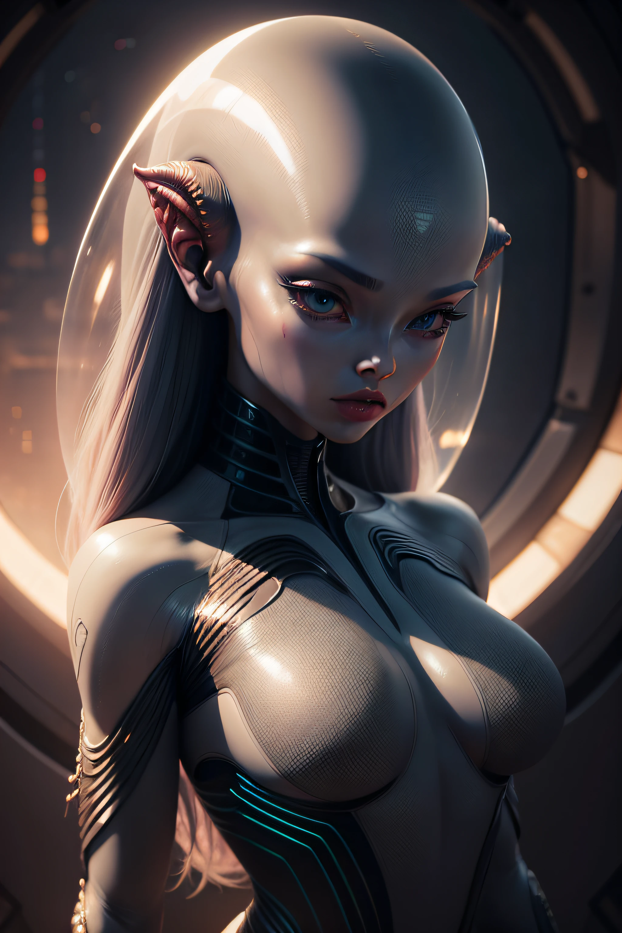 Beautiful alien female creature in full growth, relaxed atmosphere, maximum resolution, high detail, cinematic