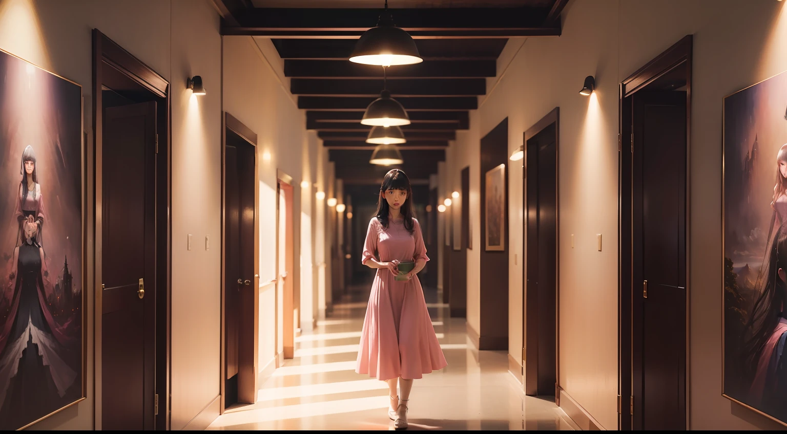 Corridor decorated with landscape paintings、Beautiful adult woman with no black hair、I have bangs、Mysterious atmosphere、Wearing a pink dress、30About age、Facing the front