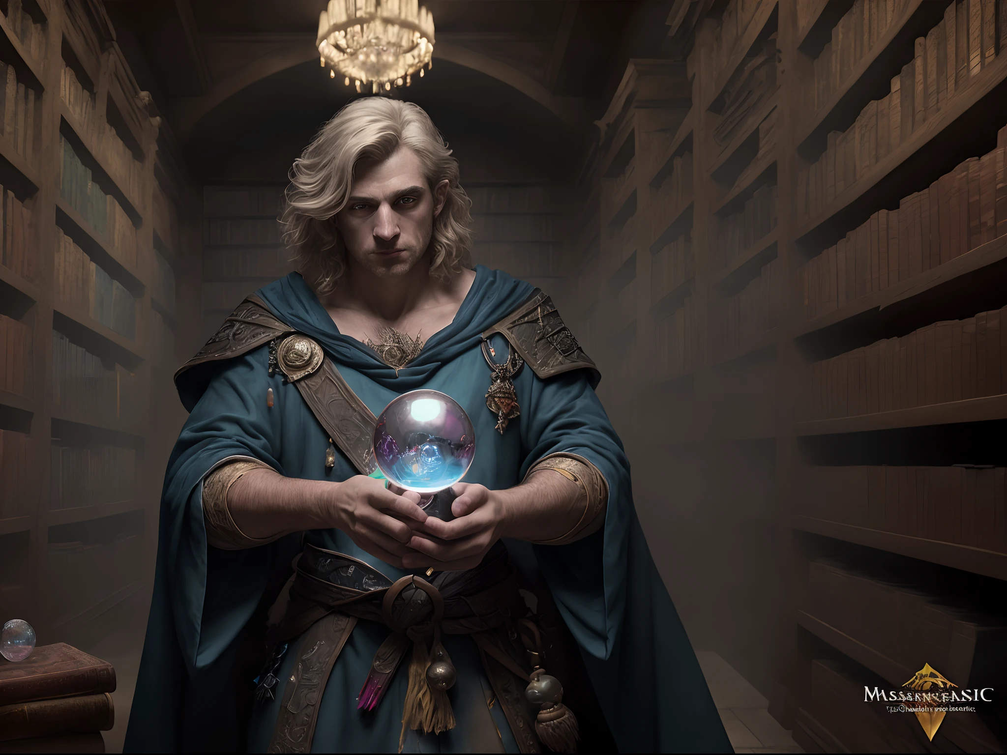 high details, best quality, 8k, [ultra detailed], masterpiece, best quality, (extremely detailed), dynamic angle, ultra wide shot, photorealistic, RAW, fantasy art, dnd art, fantasy art, realistic art, a wide angle landscape view wallpaper of a wizard (intense details, Masterpiece, best quality: 1.5) looking into his crystal ball (intense details, Masterpiece, best quality: 1.5), casting a spell in his magical laboratory, human male wizard, fantasy wizard (intense details, Masterpiece, best quality: 1.5), D&D wizard, young human male (intense details, Masterpiece, best quality: 1.5), [[anatomically correct]], dynamic hair, dynamic eyes, wearing magical robe (intense details, Masterpiece, best quality: 1.5), dynamic colors, ultra detailed face (intense details, Masterpiece, best quality: 1.5), manipulating blue magical energy, in his laboratory (intense details, Masterpiece, best quality: 1.5), many magical tomes, magical library (intense details, Masterpiece, best quality: 1.5),  many magical vials, ultra wide angle from a medium distance,
