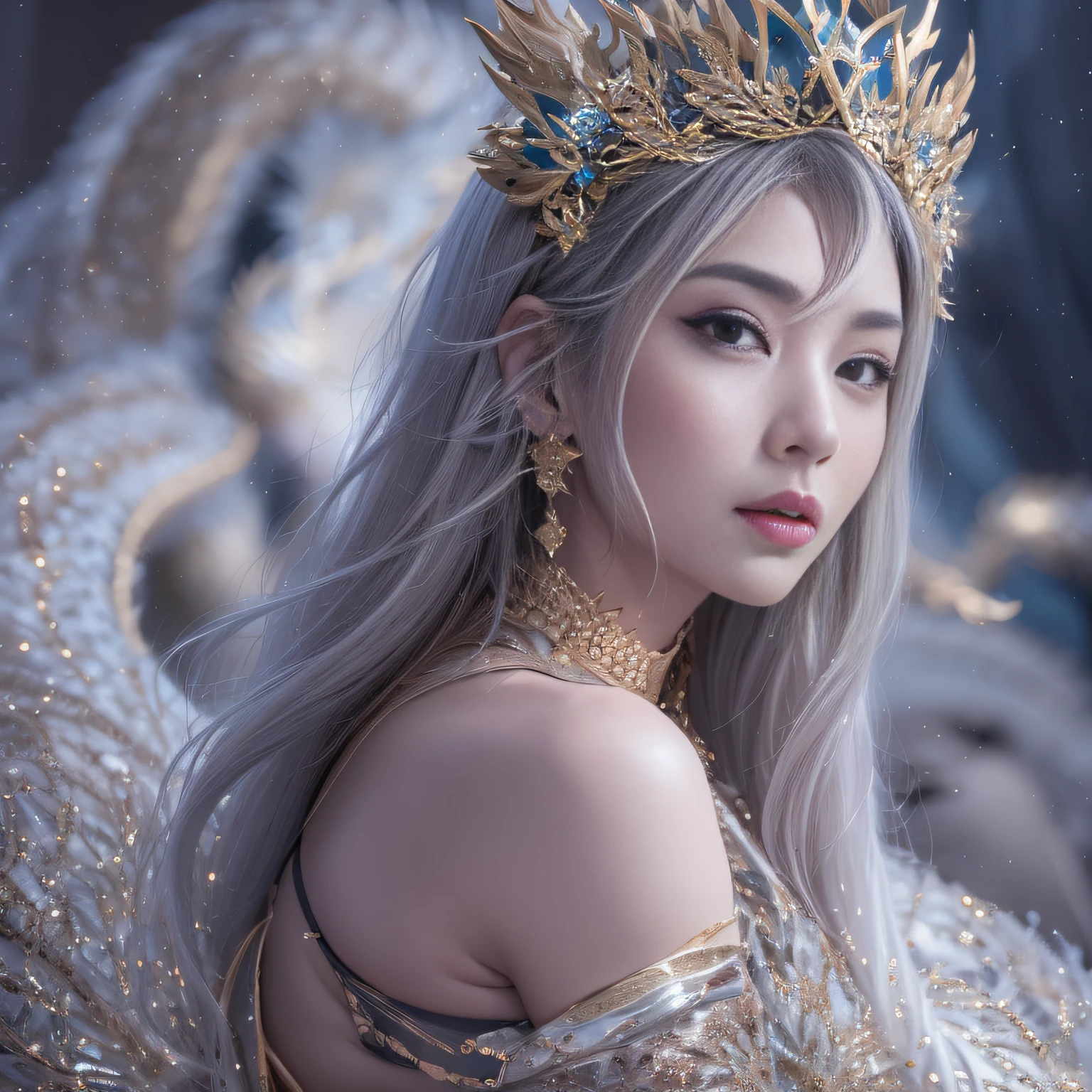 16k(tmasterpiece,k hd,hyper HD,16k)short detailed hair,Gold jewelry area in the back room,Female king ,Silver Dragon Protector (realisticlying:1.4),Python pattern robe,Purple-pink tiara,Snowflakes fluttering,The background is pure,Hold your head high,Be proud,The nostrils look at people, A high resolution, the detail, RAW photogr, Sharp Re, Nikon D850 Film Stock Photo by Jefferies Lee 4 Kodak Portra 400 Camera F1.6 shots, Rich colors, ultra-realistic vivid textures, Dramatic lighting, Unreal Engine Art Station Trend, cinestir 800,Hold your head high,Be proud,The nostrils look at people