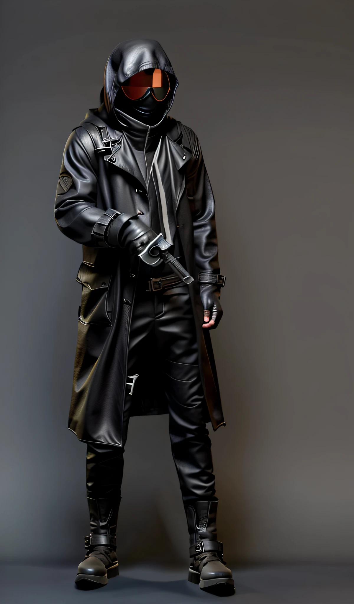 Wear a hooded jacket and gloves，Holding a gun, a black trench coat，Leather clothes，satchel，hooding，folds，wind coat， Dystopian bounty hunter, sci fi character concept, scifi character render, sci fi character concept, full portrait of electromancer, sci - fi character, 8 k character concept art, 8k character concept art