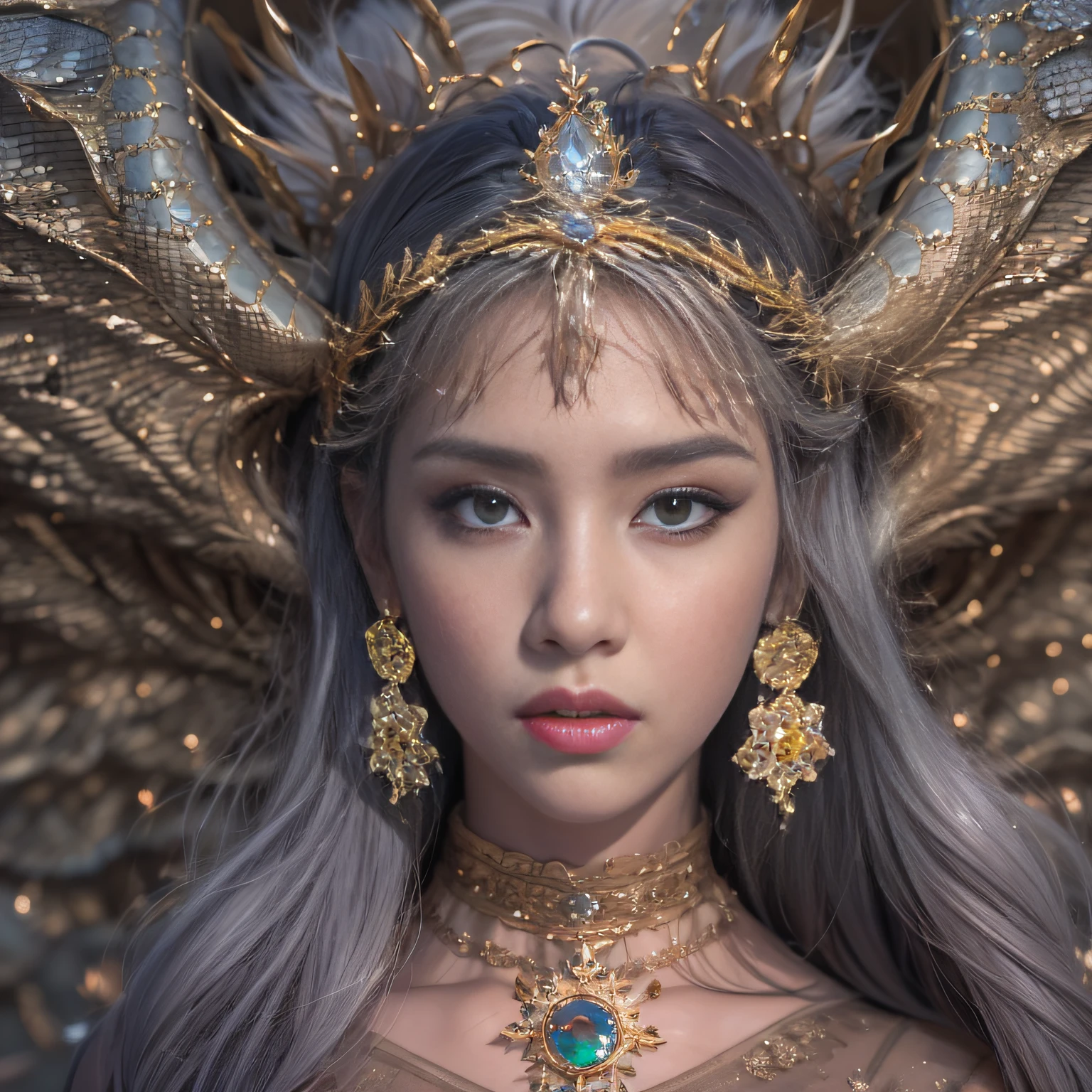 16k(tmasterpiece,k hd,hyper HD,16k)short detailed hair,Gold jewelry area in the back room,Female king size bed ,Silver Dragon Protector (realisticlying:1.4),Python pattern robe,Purple-pink tiara,Snowflakes fluttering,The background is pure,Hold your head high,Be proud,The nostrils look at people, A high resolution, the detail, RAW photogr, Sharp Re, Nikon D850 Film Stock Photo by Jefferies Lee 4 Kodak Portra 400 Camera F1.6 shots, Rich colors, ultra-realistic vivid textures, Dramatic lighting, Unreal Engine Art Station Trend, cinestir 800,Hold your head high,Be proud,The nostrils look at people