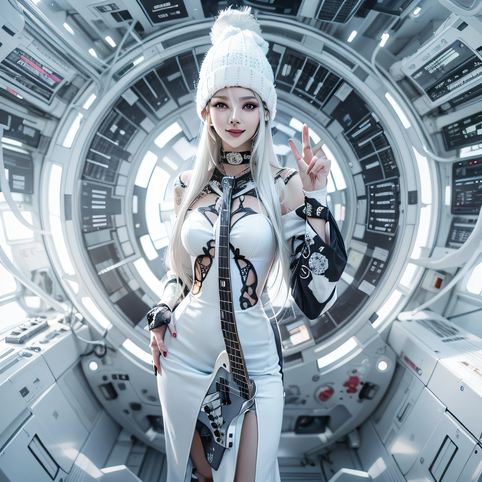Enchanted woman happy to raise her hand　Perfect beauty　Beautiful white skin　beautidful eyes　Look at viewers　Lustrous lips　Lovely smile　White hair　Knitted hats　Tattoo on the body　Have an electric bass guitar　is standing　A futuristic dress costume designed in white and black that sticks to the body　high-heels　Functional　head phone　Spaceship ship