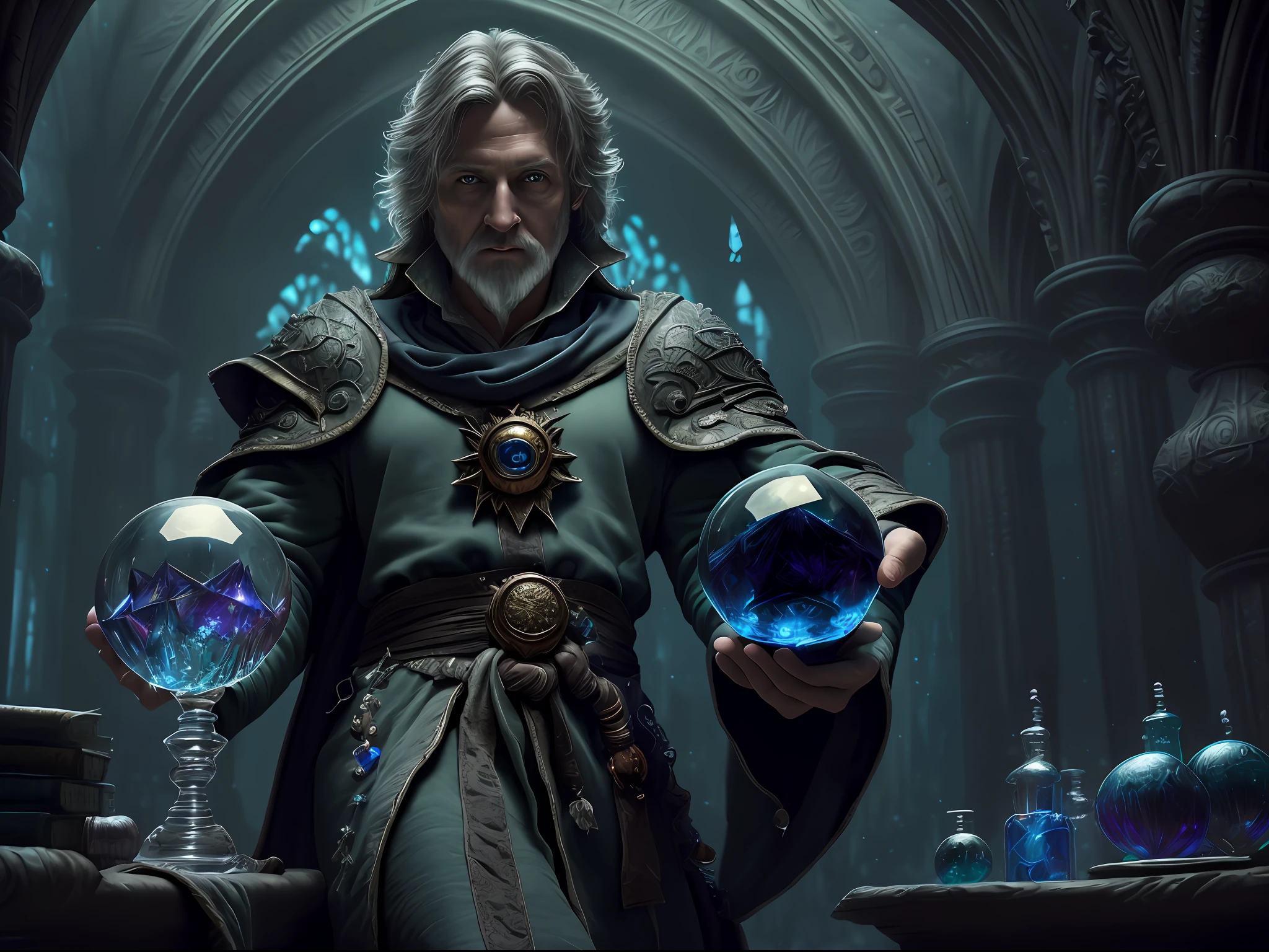 high details, best quality, 8k, [ultra detailed], masterpiece, best quality, (extremely detailed), dynamic angle, ultra wide shot, photorealistic, RAW, fantasy art, dnd art, fantasy art, realistic art, a wide angle landscape view wallpaper of a wizard (intense details, Masterpiece, best quality: 1.5) looking into his crystal ball (intense details, Masterpiece, best quality: 1.5), casting a spell in his magical laboratory, human male wizard, fantasy wizard (intense details, Masterpiece, best quality: 1.5), D&D wizard, young human male (intense details, Masterpiece, best quality: 1.5), [[anatomically correct]], dynamic hair, dynamic eyes, wearing magical robe (intense details, Masterpiece, best quality: 1.5), dynamic colors, ultra detailed face (intense details, Masterpiece, best quality: 1.5), manipulating blue magical energy, in his laboratory (intense details, Masterpiece, best quality: 1.5), many magical tomes, magical library (intense details, Masterpiece, best quality: 1.5),  many magical vials, ultra wide angle from a medium distance,