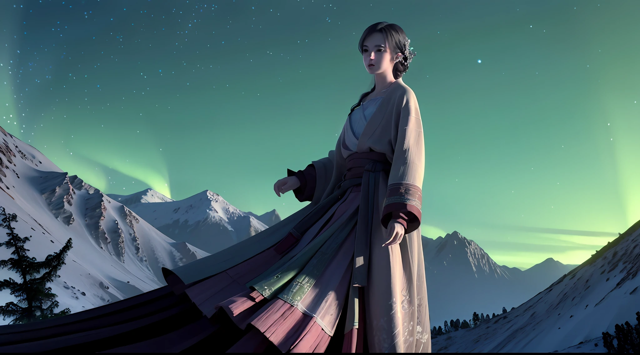 A beautiful maiden stands on a snowy mountain and looks into the distance,There are pale green auroras in the sky