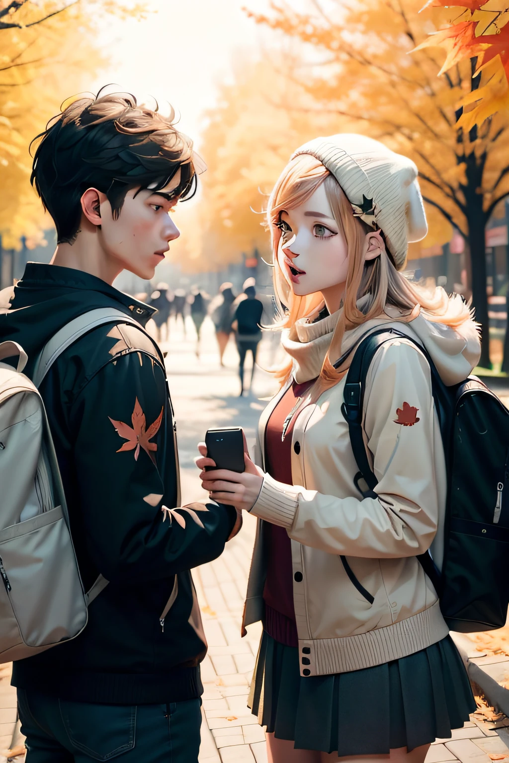 youthful campus，Men and women chat，Maple leaves，Ambiguous