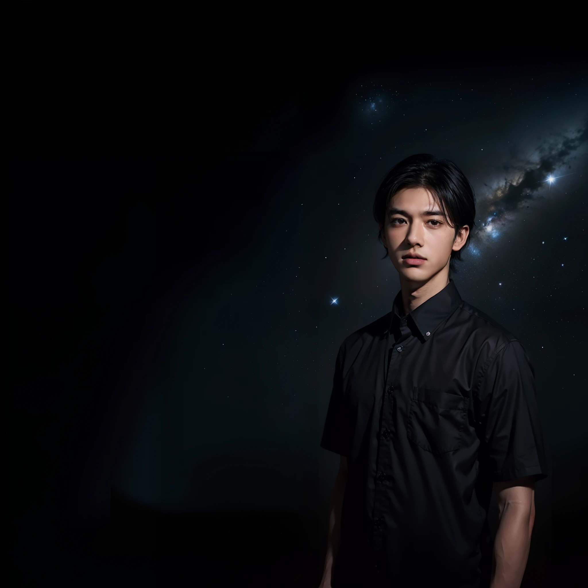 (Short black hair:1.2)、(Wear short sleeves:1.2)、(Good facial features:1.1)、(Young men:1.2),(dark night background:1.2)、(starrysky:1.1)、(The stars shine:1.2)。In this painting,A young man stands in the darkness of the night。He has short black hair,Wear a simple short-sleeved shirt,Show his youthful vitality。His facial features are very straightforward,It gives a handsome and tall feeling。The background is a dark night sky,The stars shine in the starry sky,It adds to the mystery and romance of the picture。The whole picture is full of mystery,One can't help but imagine the story of this young man
