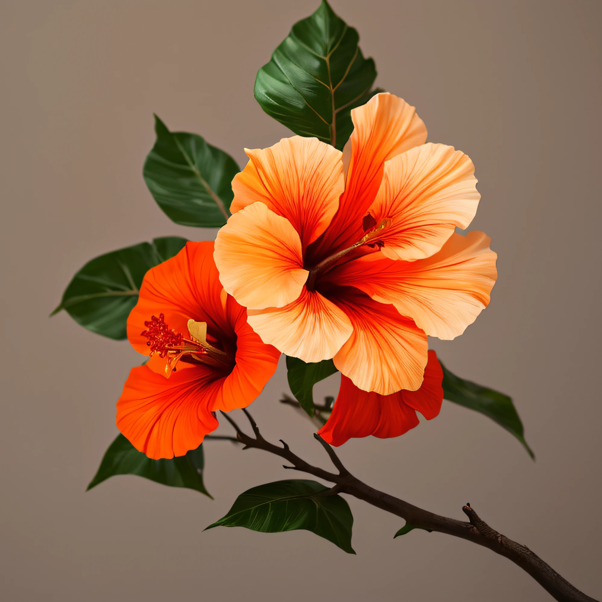 hibiscus flower blooming on a gnarled branch against a grey background, simple background, in the style of light orange and light beige, minimalist images, photography installations, paleocore, green and crimson, hyper-realistic, poetic intimacy --auto