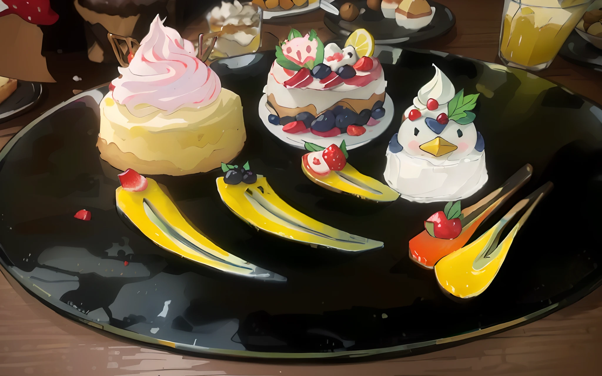 food, there are four desserts on a black plate with forks, fantasy food, desserts, sea of parfait, anime food, sweets, penguin on glass bowl, ❤🔥🍄🌪, dessert, slick!!, yummy, sweet artpiece, super realistic food picture, 🐿🍸🍋, fruit and feathers, cake art, food art, restaurant!!, high detail!!