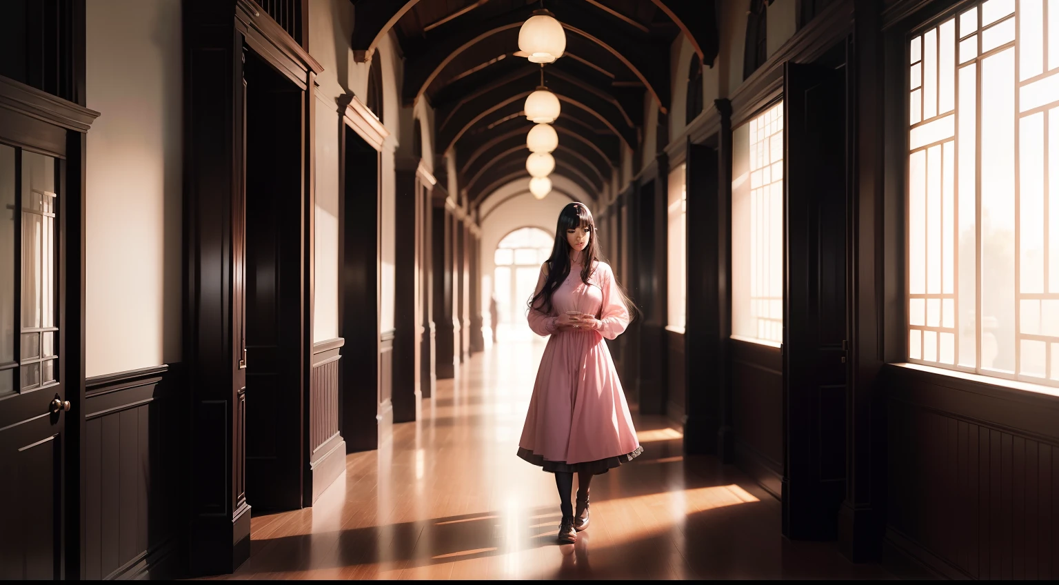 Corridor decorated with landscape paintings、Beautiful adult woman with long black hair、I have bangs、Mysterious atmosphere、Wearing a pink dress、30About age、Facing the front