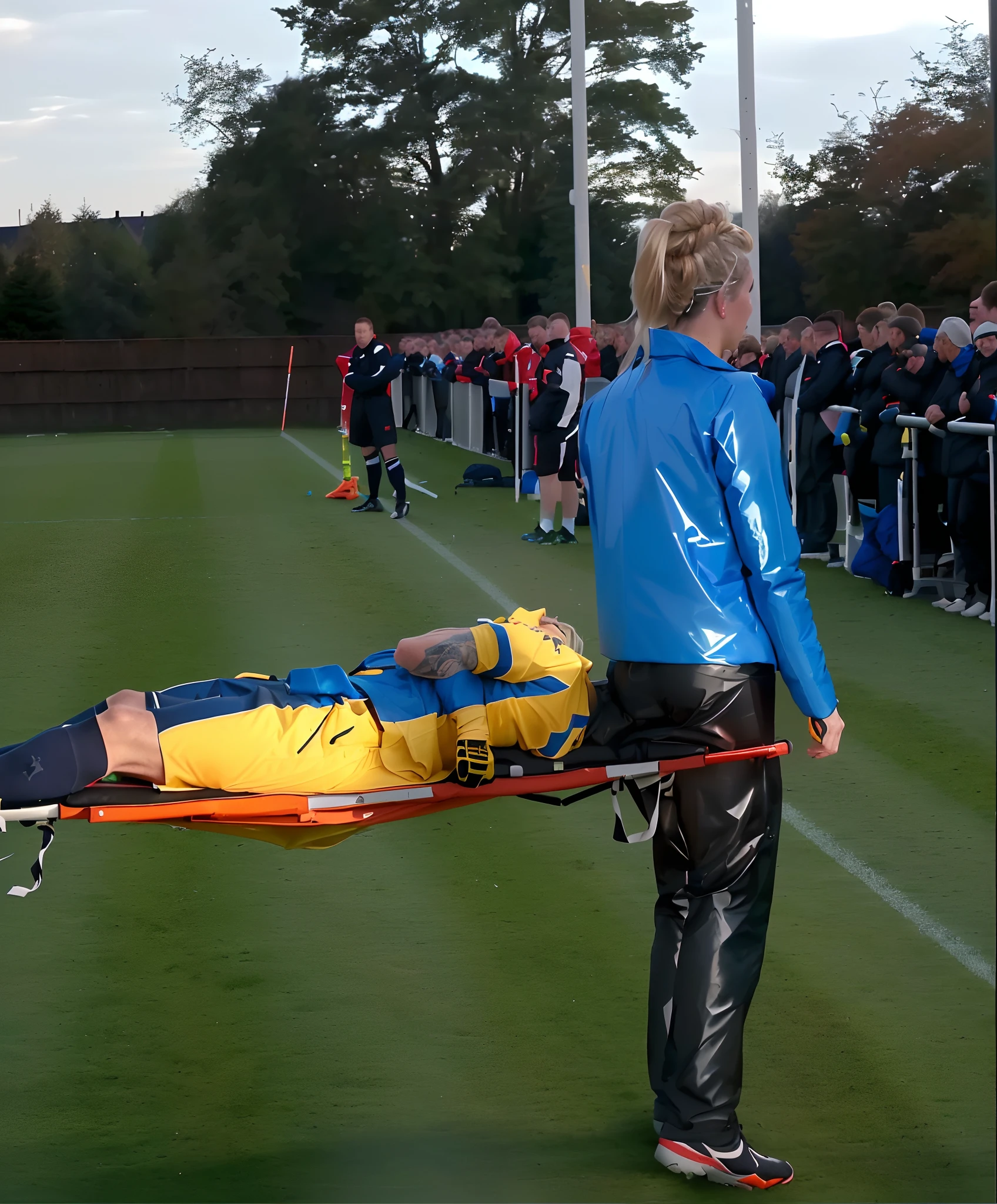 a doctor in a high-gloss blue vinyl jacket and a shiny wet football accident, Sportverletzung, Football match in a crowded stadium, Verletzungsszene, There is an athlete in a blue and yellow jersey lying sideways with his back to us and with his upper arm bent on the stretcher, There is an injured athlete lying on his side on a stretcher with his back to us and his head to the right, An injured athlete in sportswear made of matt cotton lies sideways with his head to the right and his back to us on a stretcher with his upper arm bent, which is worn by an extroverted blonde woman in a high-gloss long Moncler coat, Ein verletzter Sportler windet sich in Ekstase auf einer Trage, auf der Seite liegend, Dramatische Mitleidspose, Da ist eine blonde schreiende und weinende Frau in Hochglanz, bauschigen Mantel, a high-shine black down coat, Ein langer schwarzer Moncler-Mantel, ein Daunenmantel im Wetlook, ein nasser, schwarz lackierter Mantel, Eine aufgeregte, Screaming blonde woman wearing a black latex coat in wet look, verletzt, medizinisch, soccer action pose, Bedingung Pose, lecherous action pose, Dramatische Action-Pose, Theatralische Pose, Es gibt eine attraktive Frau, Einen Athleten in Sportbekleidung aus matter Baumwolle tragen, There is a beautiful woman in a shiny coat, einen Mann auf einer Trage tragen, a longhaired beautiful woman in a high-shine black puffy coat, a longhaired woman in a shiny downcoat, A woman carries a short-haired man in matte cotton sportswear on a stretcher, Ein schwacher Mann in kurzen Hosen ist bewusstlos und muss getragen werden, Ein kurzhaariger Mann mit bandagiertem Ellbogen wird auf einer Trage weggetragen, a woman looks very scared and terrified, Ein Sportler in Sportbekleidung aus matter Baumwolle leidet sehr unter einer Trage, Foto, Fotoshooting, fotografiert , Unfall, Hilfe, helfen, Erste Hilfe, Mitle