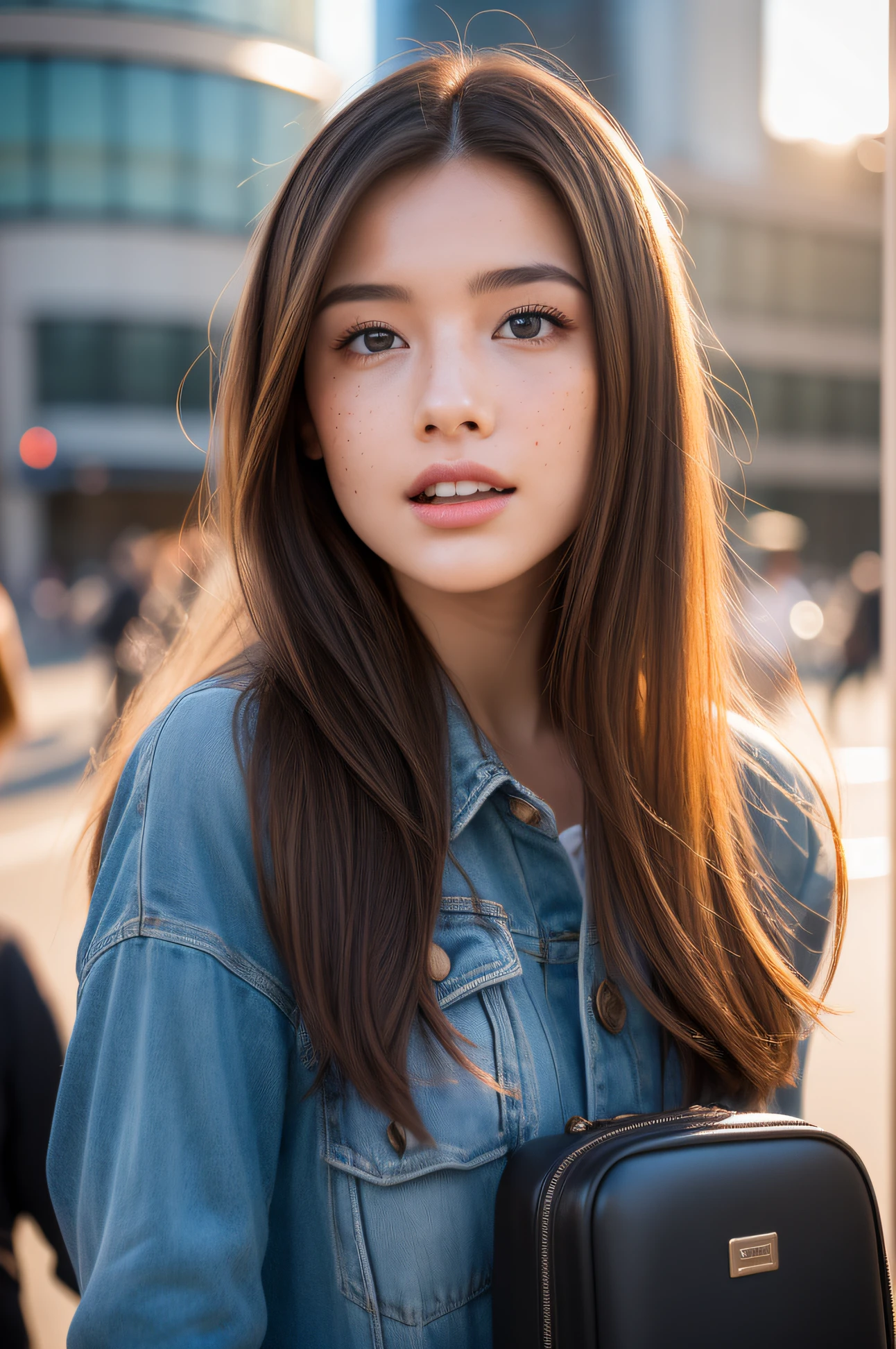 there is a young women, have a tanned skin and freckles, she is a professional model, she is using beautiful transparant dress, she is posing as a model at shibuya crossing, lens using 35mm f1.2 wide shot, there is sunset and flare, she has blue eyes, she is bring leather suitcase, orange green blue ambience, super realistic, ultra realistic, hyper realistic, warm tones, realistic eyes, realistic face, realistic lips, realistic nose, realistic teeth, realistic hair, realistic lighting, realistic hands, realistic skin texture, perfect exposure