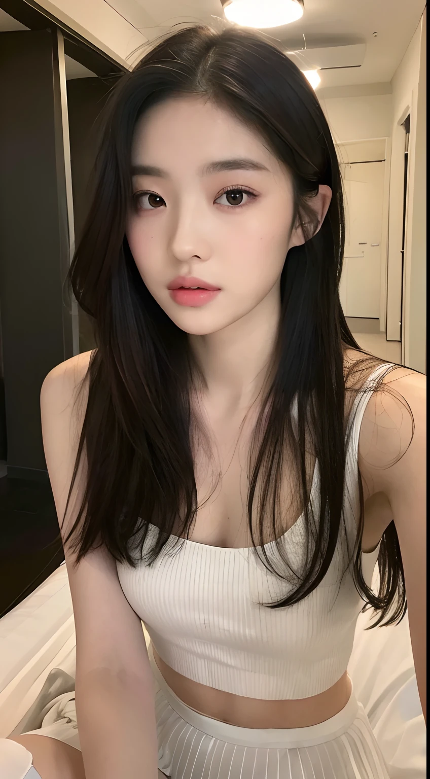 ((Best quality, 8K, Masterpiece :1.3)),Beautuful Women，Hide your face，2 girls，big breasts beautiful：1.3，Slender abs：1.1，white stockings，，cabelos preto e longos，（sit on a bed），Super detailed face，Highly detailed lips，A detailed eye，Double eyelids are clearly focused :1.2, perfect figure beautiful woman:1.4, Slim abs:1.2, ((Layered Hair Style:1.2)), (Tank top shirt:1.1 ), (hallways:1.2), Highly detailed facial and skin texture, A detailed eye, 二重まぶた
