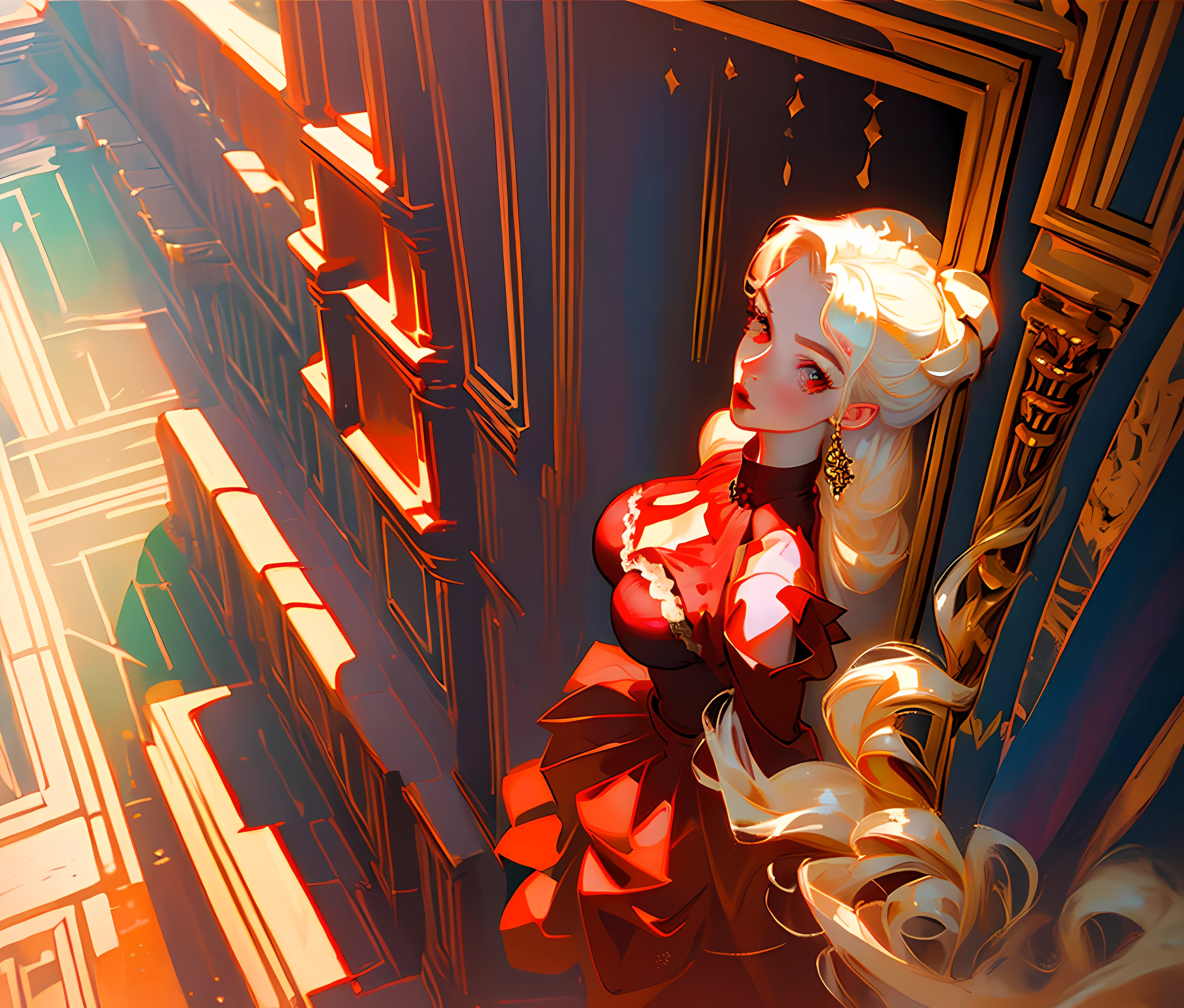 gorgeous vampire, masterpiece, best quality, ultra-detailed, illustration,(1girl), beautiful, detailed eyes, (solo), looking at viewer, close up, (arms behind back:1.2), (from above:1.1), gold hair, red eyes, huge breasts, (breasts out:1.3), (off shoulder:1.1), wearing a victorian dress