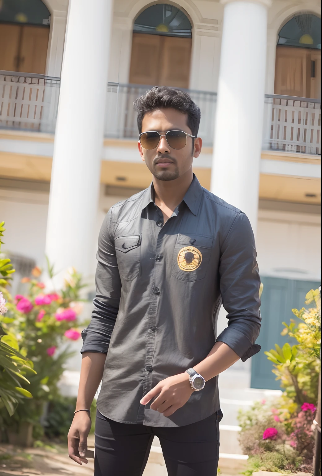 arafed man in sunglasses standing in front of a building, jayison devadas, inspired by Odhise Paskali, jayison devadas style, candid picture, with a cool pose, student, riyahd cassiem, mohamed chahin, mohamed chahin style, profile pic, by Odhise Paskali, at college, cyberpunk, light, smart, ultra realistic,man, power, young boy,model, style, ultra realistic face,8k