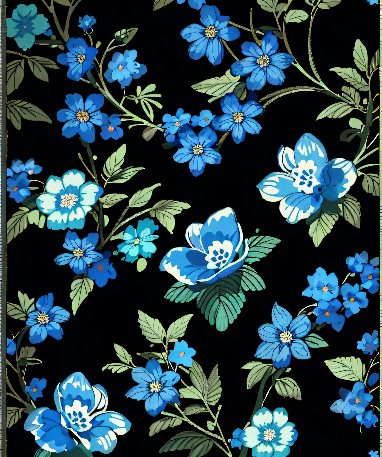 Close up of black background with blue flowers and green leaves, Dark flower pattern wallpaper, blue flowers accents, flowery wallpaper, Blue flowers, textile print, floral patterns, floral patterned skin, Neon floral pattern, mediumslateblue flowers, floral flowers colorful, floral motives, floral wallpaper, repeating fabric pattern, blue flowers bloomed all over