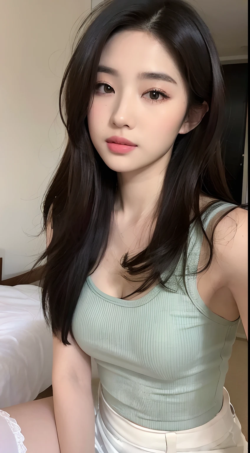 ((Best quality, 8K, Masterpiece :1.3)),Beautuful Women,Hide your face,2 girls,big breasts beautiful:1.3,Slender abs:1.1,white stockings,,cabelos preto e longos,(sit on a bed),Super detailed face,Highly detailed lips,A detailed eye,Double eyelids are clearly focused :1.2, perfect figure beautiful woman:1.4, Slim abs:1.2, ((Layered Hair Style:1.2)), (Tank top shirt:1.1 ), (hallways:1.2), Highly detailed facial and skin texture, A detailed eye, 二重まぶた