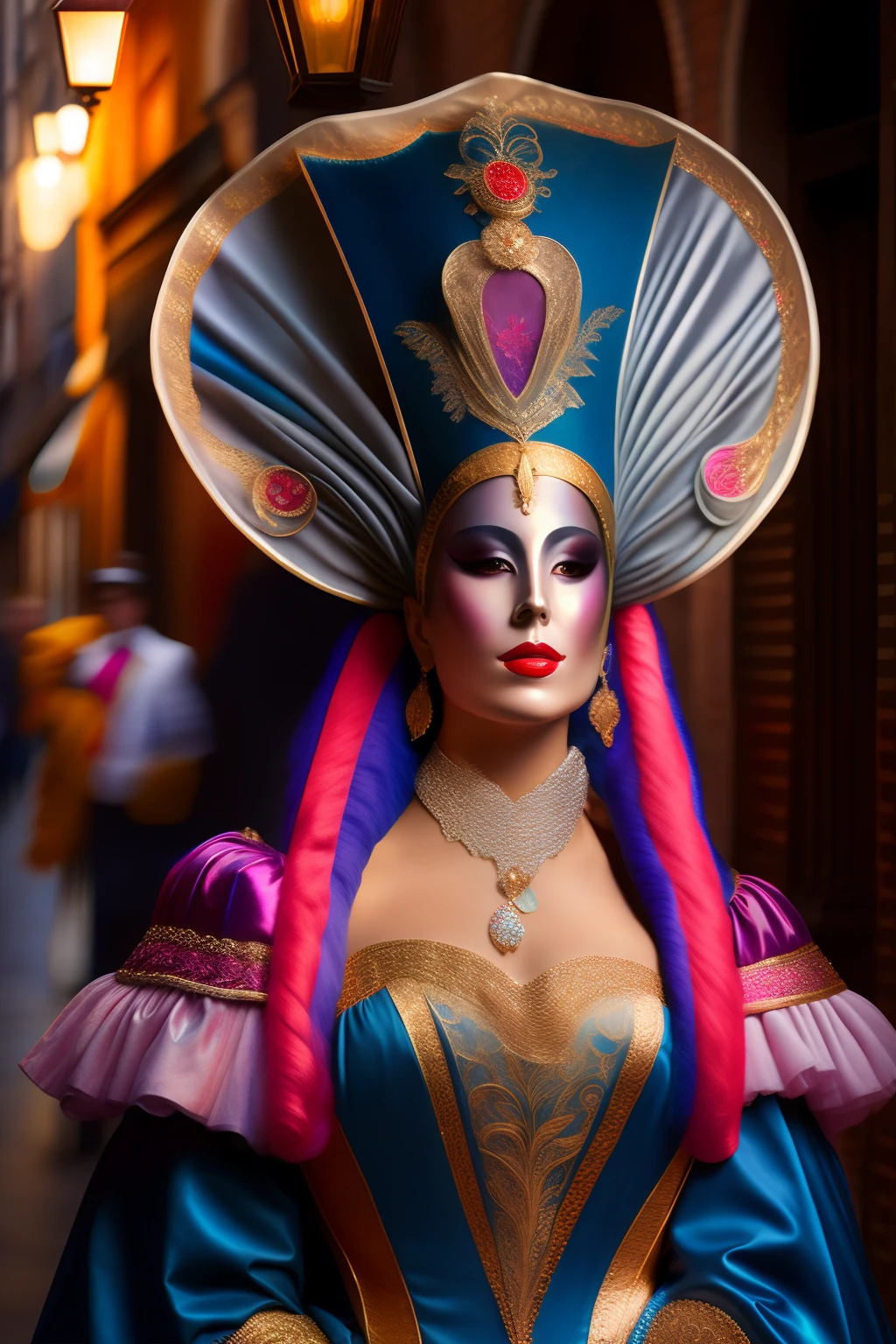 Mujer esbelta, cabello rubio largo, vestido de carnaval veneciano, calle de Venecia, calle de noche, farolas encendidas, carnival mask, hiperrealista, vestido largo, imagen de cuerpo entero, sonrisa insinuante, ojos alegres, traje veneciano.