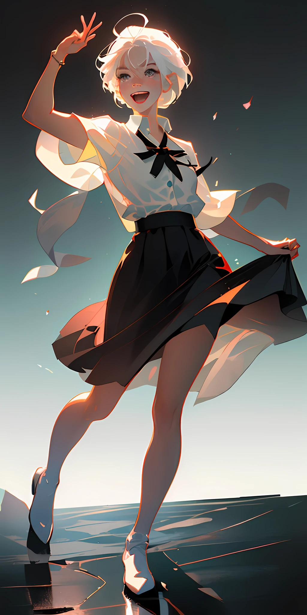 ((masterpiece, best quality)), (1girl), (solo), (female focus), (ahoge, white hair, short hair), black eyes, light smile, open mouth, ((white shirt), (buttoned shirt ), (Button gaps)), ((blackdress), (short skirt)), standing on your feet, White background, Behind your arms, dynamic angle,Lift the skirt