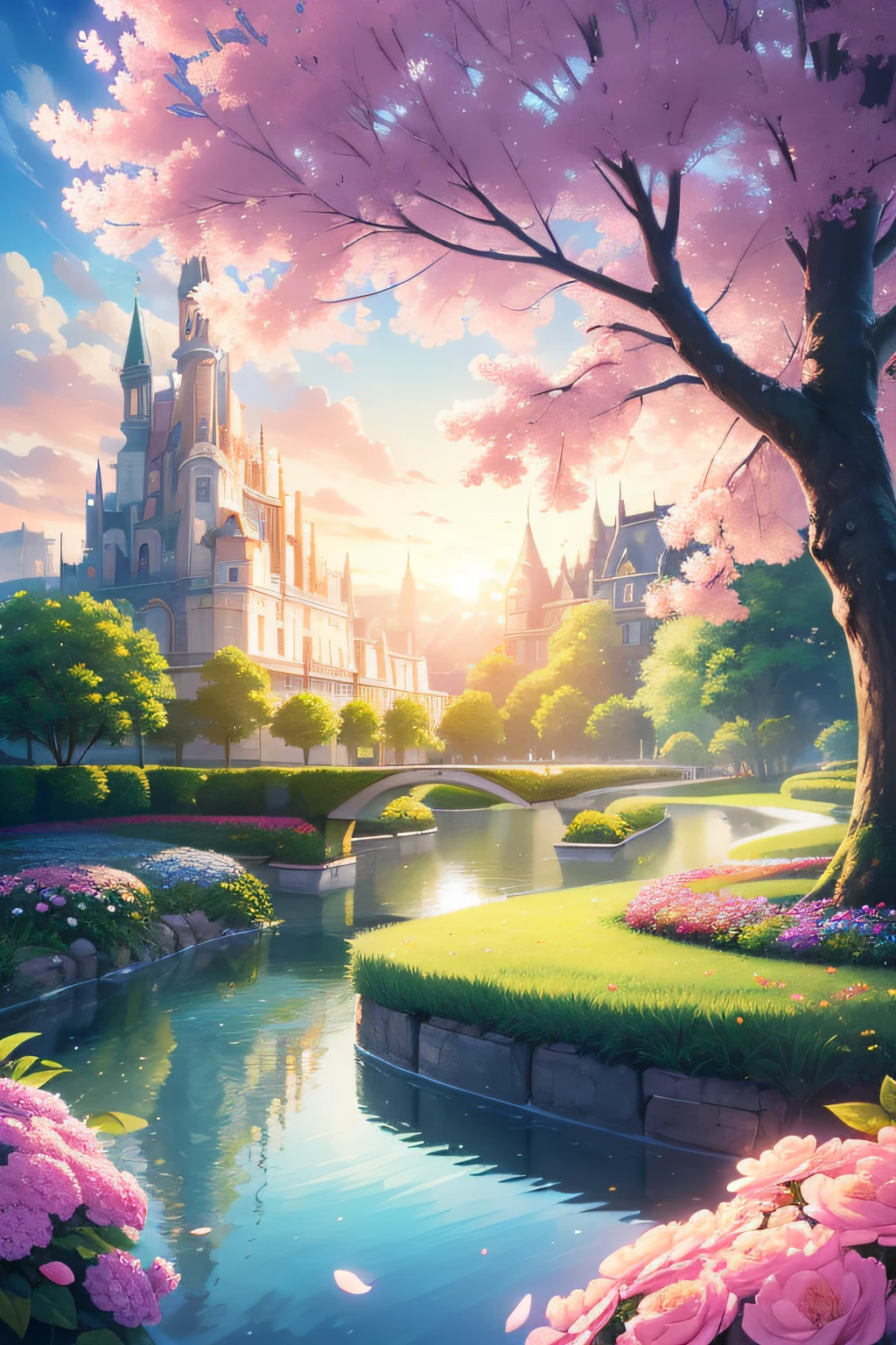 (extremely detailed CG unity 8k wallpaper),(((masterpiece))), (((best quality))), ((ultra-detailed)), (best illustration),(best shadow), ((an extremely delicate and beautiful)),dynamic angle,floating, fairyland,dynamic angle,sea of flowers,beautiful detailed garden,wind,classic,spring, (detailed light),feather, nature, (sunlight), river, forest,(((floating palace))),((the best building)),beautiful and delicate water,(painting),(sketch),(bloom),(shine)