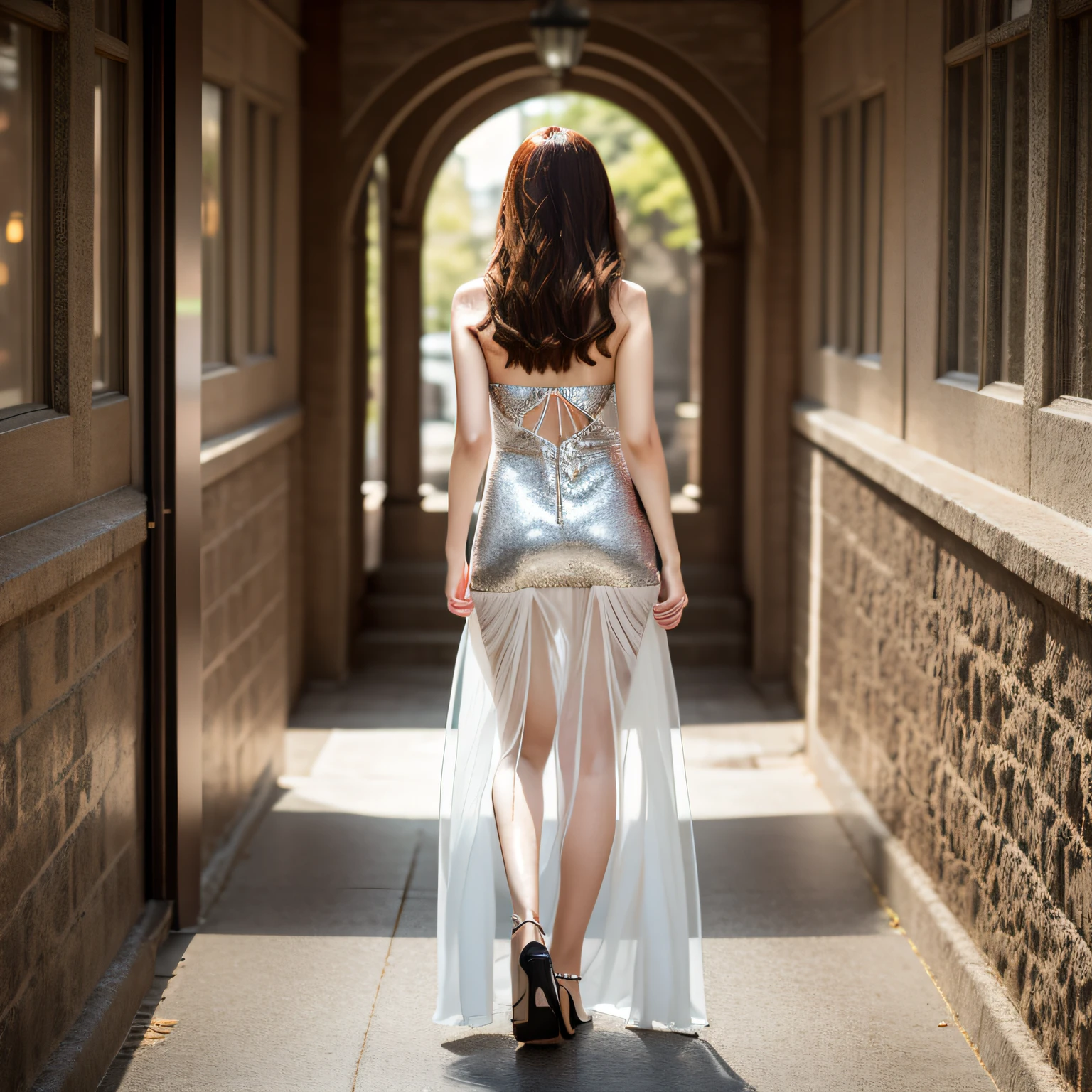 Full body photo of a woman in a white dress、posterior view、I can't see my face、a gorgeous、Longhaire、Glitter、Non-sheer dresses、Don't turn around