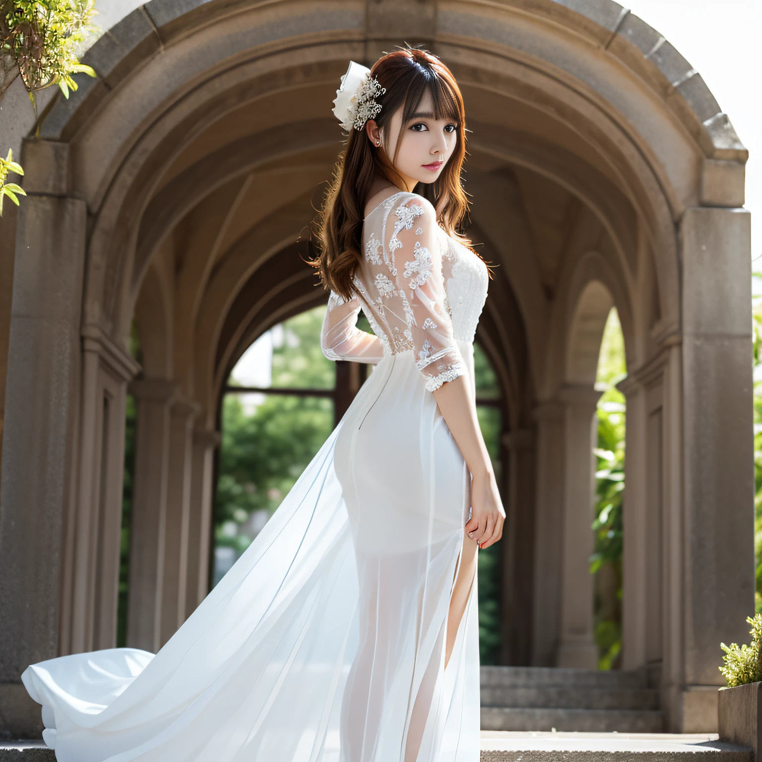 Full body photo of a woman in a white dress、posterior view、I can't see my face、a gorgeous、Longhaire、Glitter、Non-sheer dresses、Don't turn around