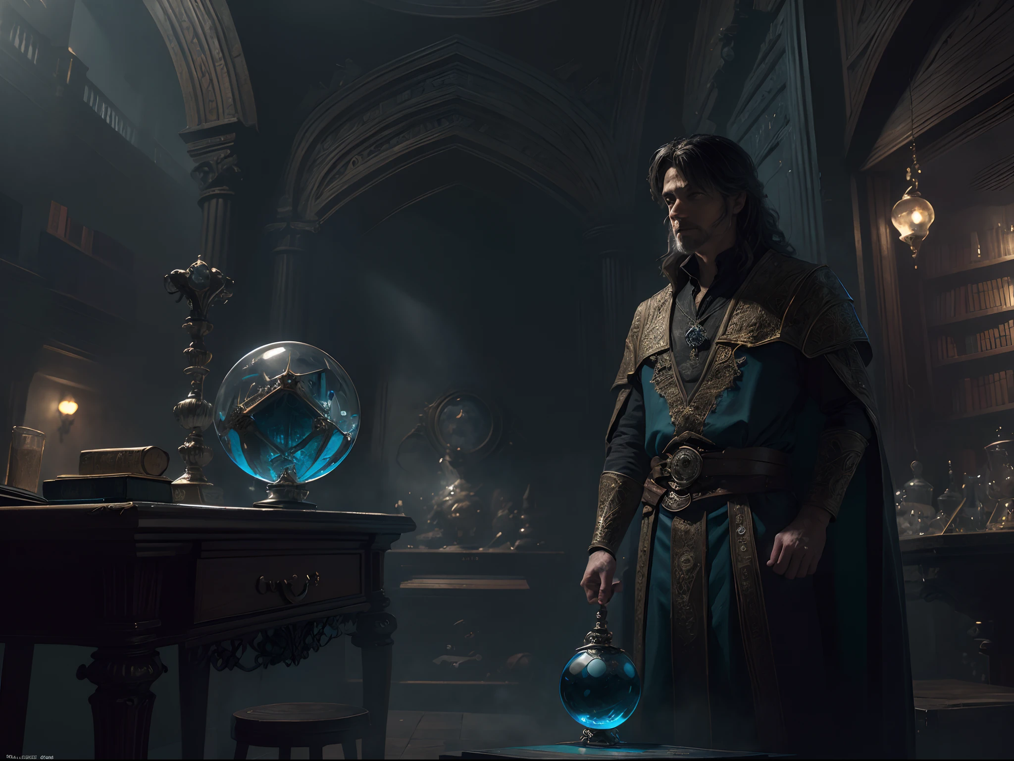 high details, best quality, 8k, [ultra detailed], masterpiece, best quality, (extremely detailed), dynamic angle, ultra wide shot, photorealistic, RAW, fantasy art, dnd art, fantasy art, realistic art, a wide angle view wallpaper of a wizard (intense details, Masterpiece, best quality: 1.5) looking into his crystal ball (intense details, Masterpiece, best quality: 1.5), casting a spell in his magical laboratory, human male wizard, fantasy wizard (intense details, Masterpiece, best quality: 1.5), D&D wizard, young human male (intense details, Masterpiece, best quality: 1.5), [[anatomically correct]], dynamic hair, dynamic eyes, wearing magical robe (intense details, Masterpiece, best quality: 1.5), dynamic colors, ultra detailed face (intense details, Masterpiece, best quality: 1.5), manipulating blue magical energy, in his laboratory (intense details, Masterpiece, best quality: 1.5), many magical tomes, magical library (intense details, Masterpiece, best quality: 1.5),  many magical vials, ultra wide angle from a medium distance,