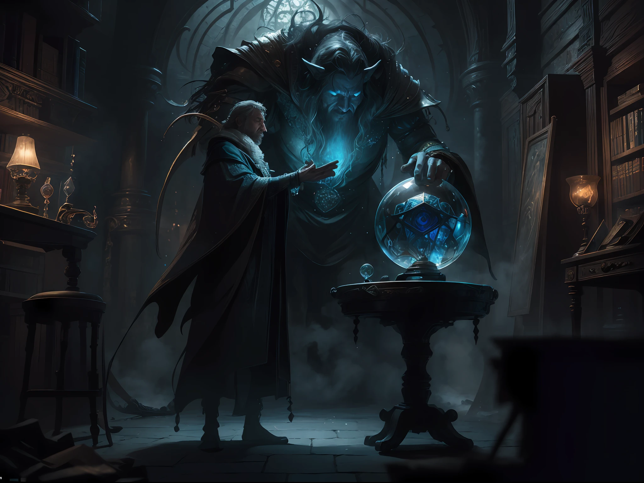 high details, best quality, 8k, [ultra detailed], masterpiece, best quality, (extremely detailed), dynamic angle, ultra wide shot, photorealistic, RAW, fantasy art, dnd art, fantasy art, realistic art, a wide angle view wallpaper of a wizard (intense details, Masterpiece, best quality: 1.5) looking into his crystal ball (intense details, Masterpiece, best quality: 1.5), casting a spell in his magical laboratory, human male wizard, fantasy wizard (intense details, Masterpiece, best quality: 1.5), D&D wizard, human male (intense details, Masterpiece, best quality: 1.5), [[anatomically correct]], dynamic hair, dynamic eyes, wearing magical robe (intense details, Masterpiece, best quality: 1.5), dynamic colors, ultra detailed face (intense details, Masterpiece, best quality: 1.5), manipulating blue magical energy, in his laboratory (intense details, Masterpiece, best quality: 1.5), many magical tomes, magical library (intense details, Masterpiece, best quality: 1.5),  many magical vials, ultra wide angle from a medium distance,