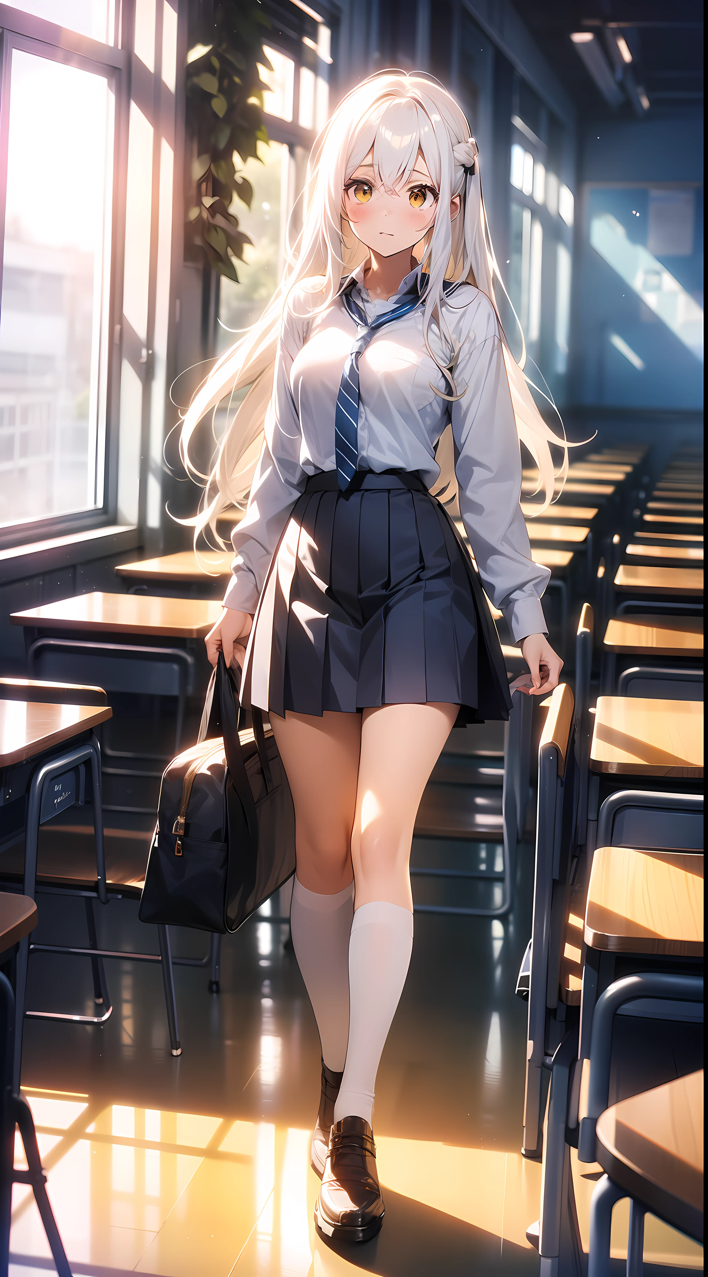 1 Anime Girl With Long White Hair Is Yellow Eye, Wearing a skirt is school clothes, corada, em uma sala de aula, sentada na mesa, de perna aberta, Mostrando Cueca Branca, is wearing white pantyhose, white hair is yellow eye, is released, Wearing a skirt is school clothes, corada, sentada na mesa, da sala de Aula, tem as pernas abertas, usando cueca branca, ((Corpo Perfeito Super Detalhado))