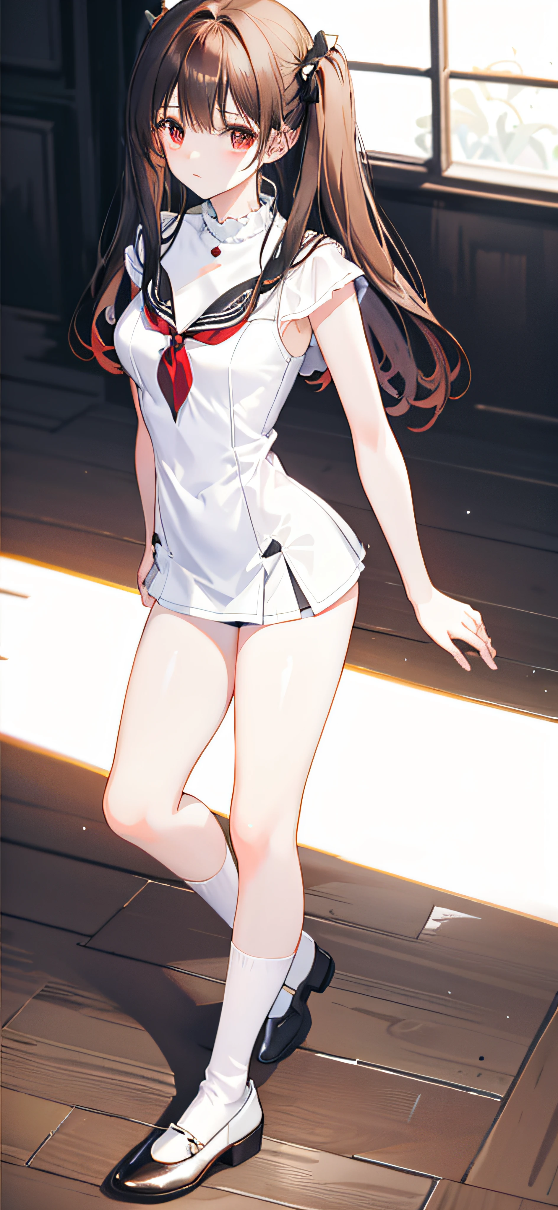 Photorealsitic, Bright indoor, Soft light, Low contrast, Shallow depth of field, Beautiful girl illuminated by gentle light, long straight bangs hair, hair color is a dark chestnut shade with a slight red tone, hair with a subtle and gentle wave, twin tails hair, (White blouses), (Denim miniskirt), (Silk White Socks), (pumps), (Full body:1.5), squatting, Blank white background