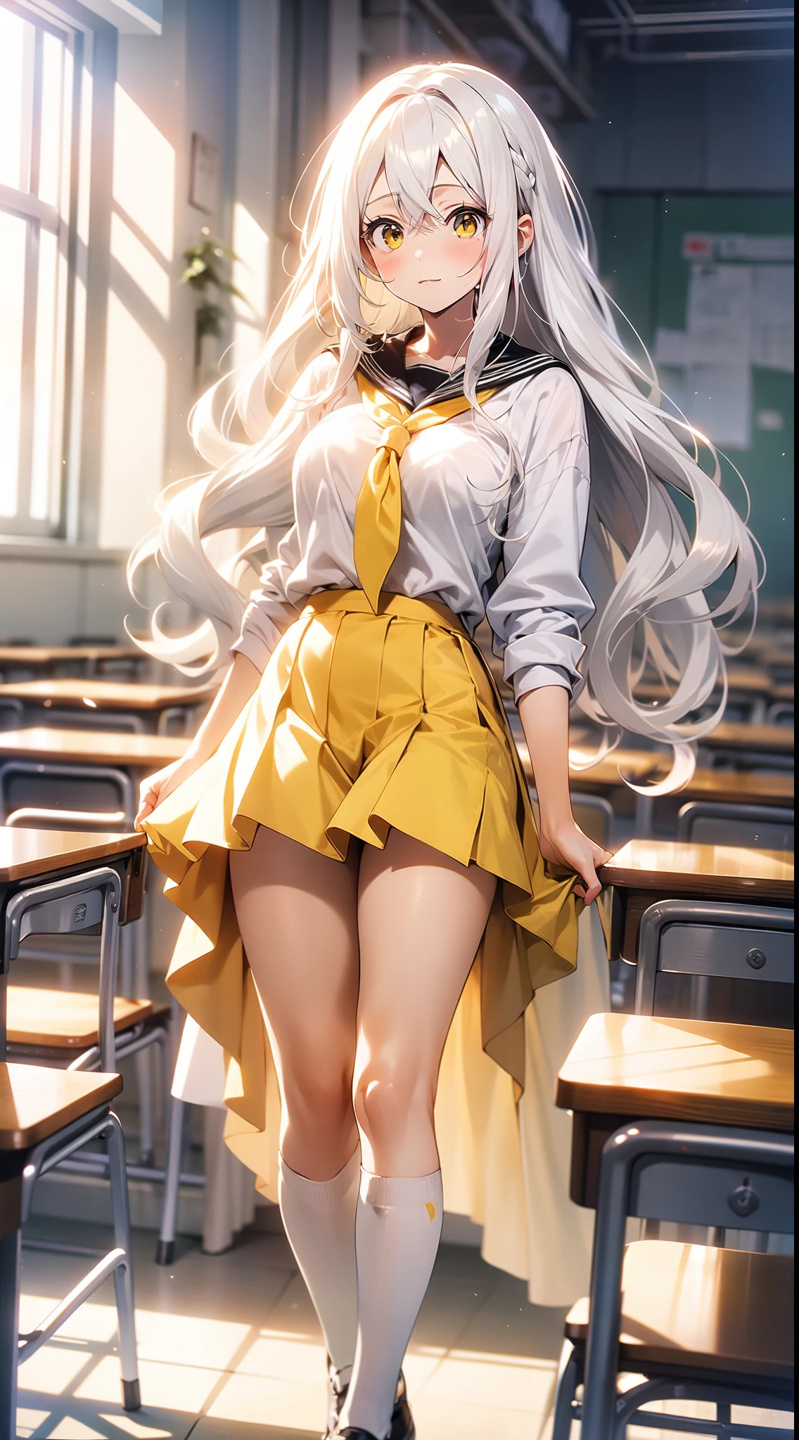 1 Anime Girl With Long White Hair Is Yellow Eye, Wearing a skirt is school clothes, corada, em uma sala de aula, sentada na mesa, de perna aberta, Mostrando Cueca Branca, is wearing white pantyhose, white hair is yellow eye, is released, Wearing a skirt is school clothes, corada, sentada na mesa, da sala de Aula, tem as pernas abertas, usando cueca branca, ((Corpo Perfeito Super Detalhado))