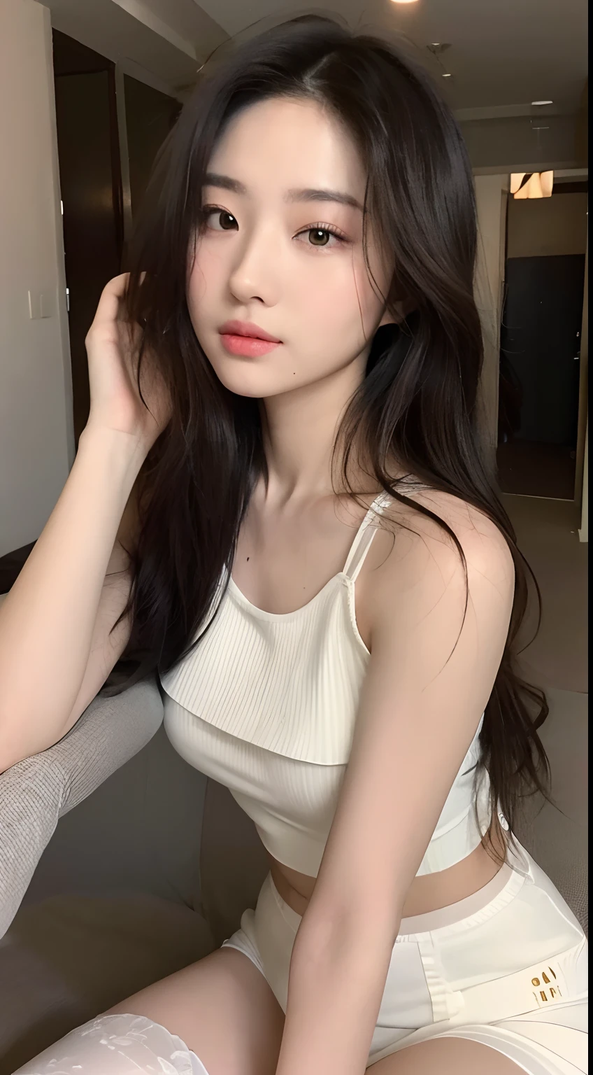 ((Best quality, 8K, Masterpiece :1.3)),Beautuful Women,Hide your face,2 girls,big breasts beautiful:1.3,Slender abs:1.1,white stockings,,cabelos preto e longos,(sit on a bed),Super detailed face,Highly detailed lips,A detailed eye,Double eyelids are clearly focused :1.2, perfect figure beautiful woman:1.4, Slim abs:1.2, ((Layered Hair Style:1.2)), (Tank top shirt:1.1 ), (hallways:1.2), Highly detailed facial and skin texture, A detailed eye, 二重まぶた