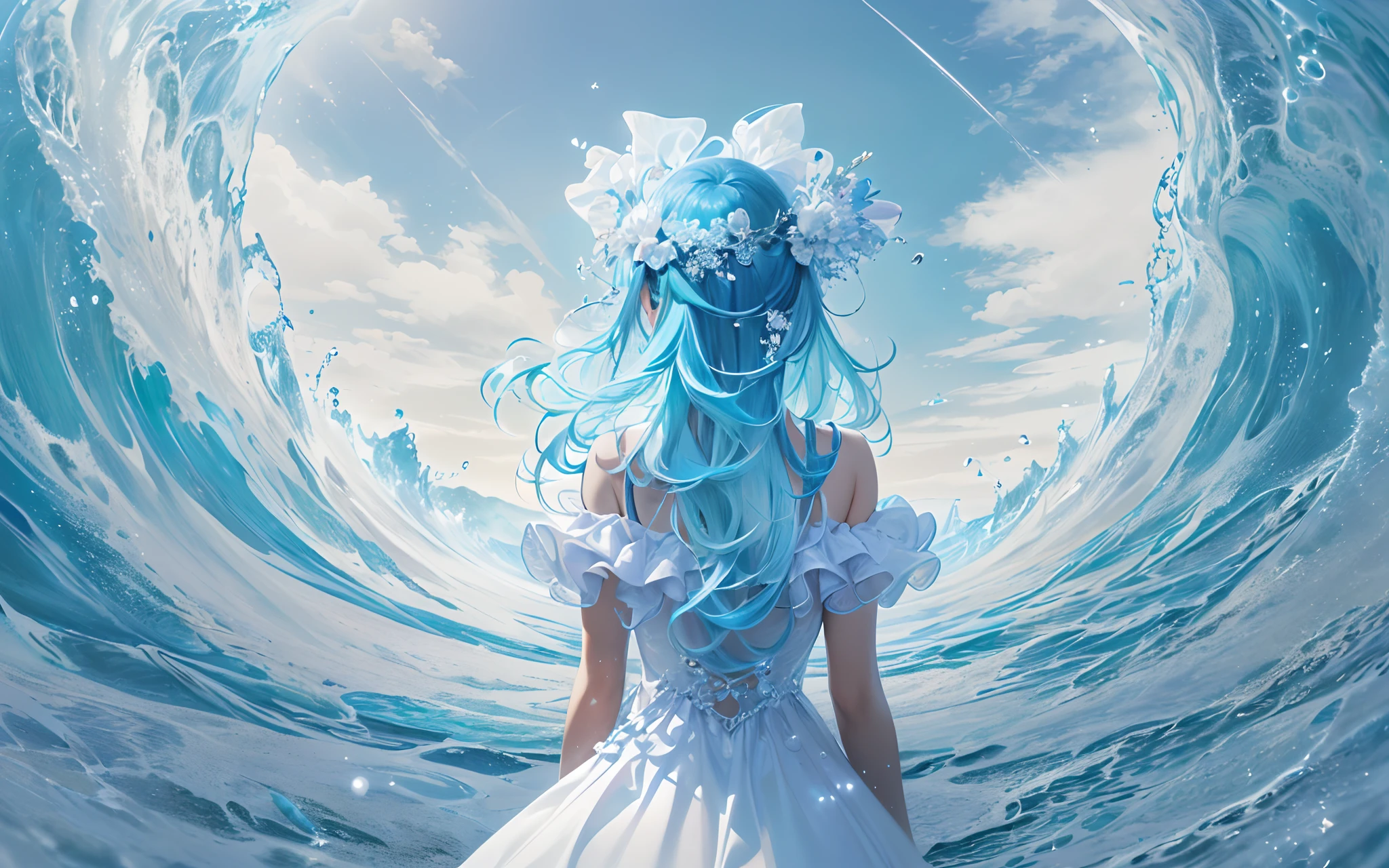 absurdres, highres, (official art, beautiful and aesthetic:1.2), (close view:1.15),
(1girl, blue hair, middle hair, blue eyes, shining eyes, white long dress, Blue Frill,:1.2)
blue sky, Sparkling Galaxy, (Salar de Uyuni:1.2), (fractal art:0.8),
water effects, ripple effects, (flower effects:0.65), light effects,