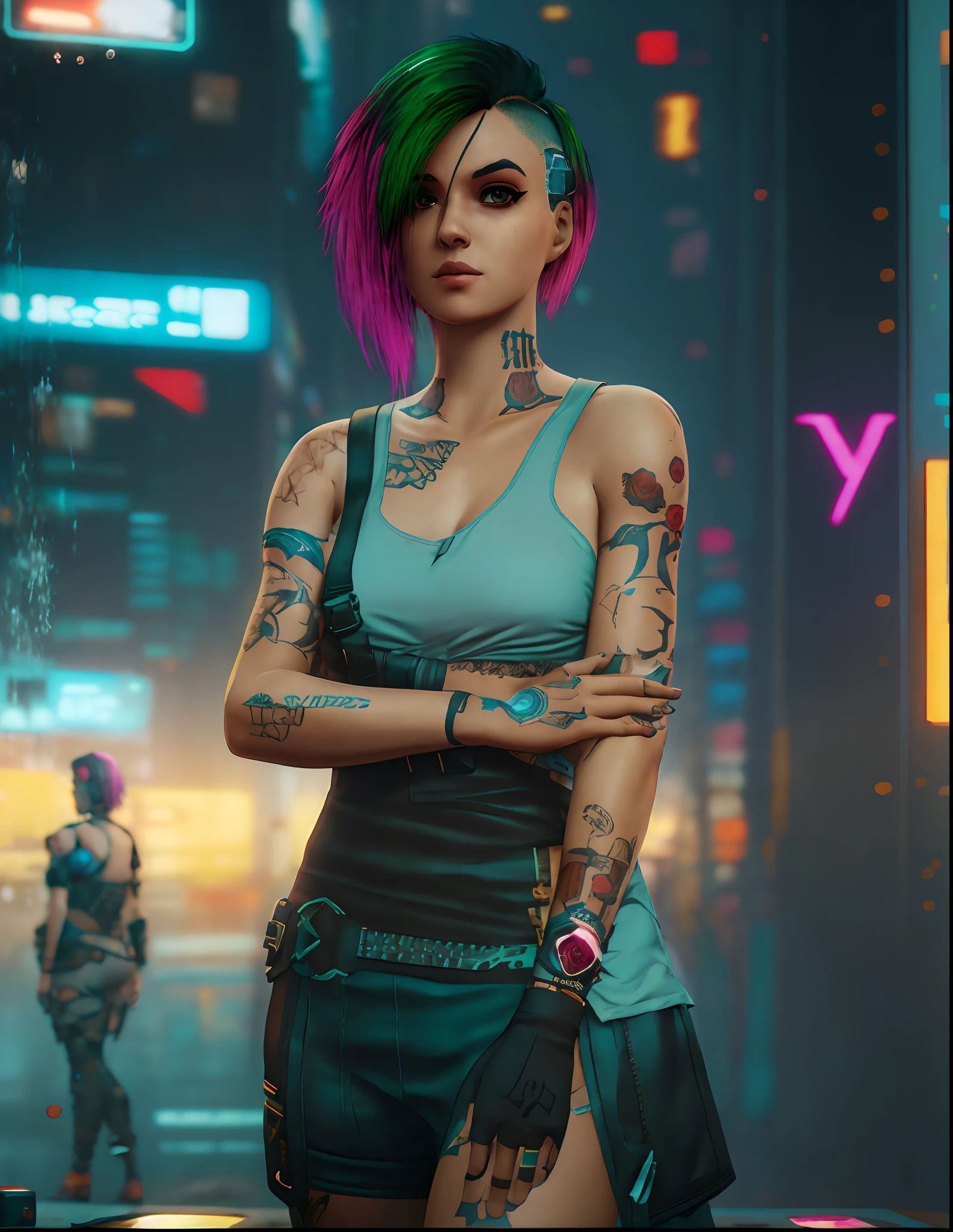 Mulher com tatuagens e uma bolsa posando para uma foto, diesel punk female, Cyberpunk 2 0 e. o modelo ******, mechanic punk outfit, personagem cyberpunk, roupa estilo cyberpunk, modelo bonito da mulher cyberpunk, cyberpunk 2 0 7 7 arte do personagem, Judy Alvarez cyberpunk, estilo cyberpunk hiper-realista, roupa cyberpunk, gta personagem, estilo de cyberpunk 2 0 7 7