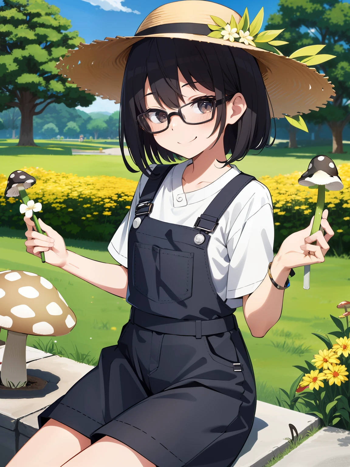 (masutepiece, Best Quality, Capture super cute moments, depth of fields, ultra-detailliert, Ultra High Resolution, C4D, Octadale, 3D Modeling, 8K, 16 K, one girls、a junior high school student、A dark-haired、short-hair、straight haired、Close both eyes、hair adornments、wearing black glasses、A smile、cute  face)、a straw fedora hat、overall、mushroom、mont