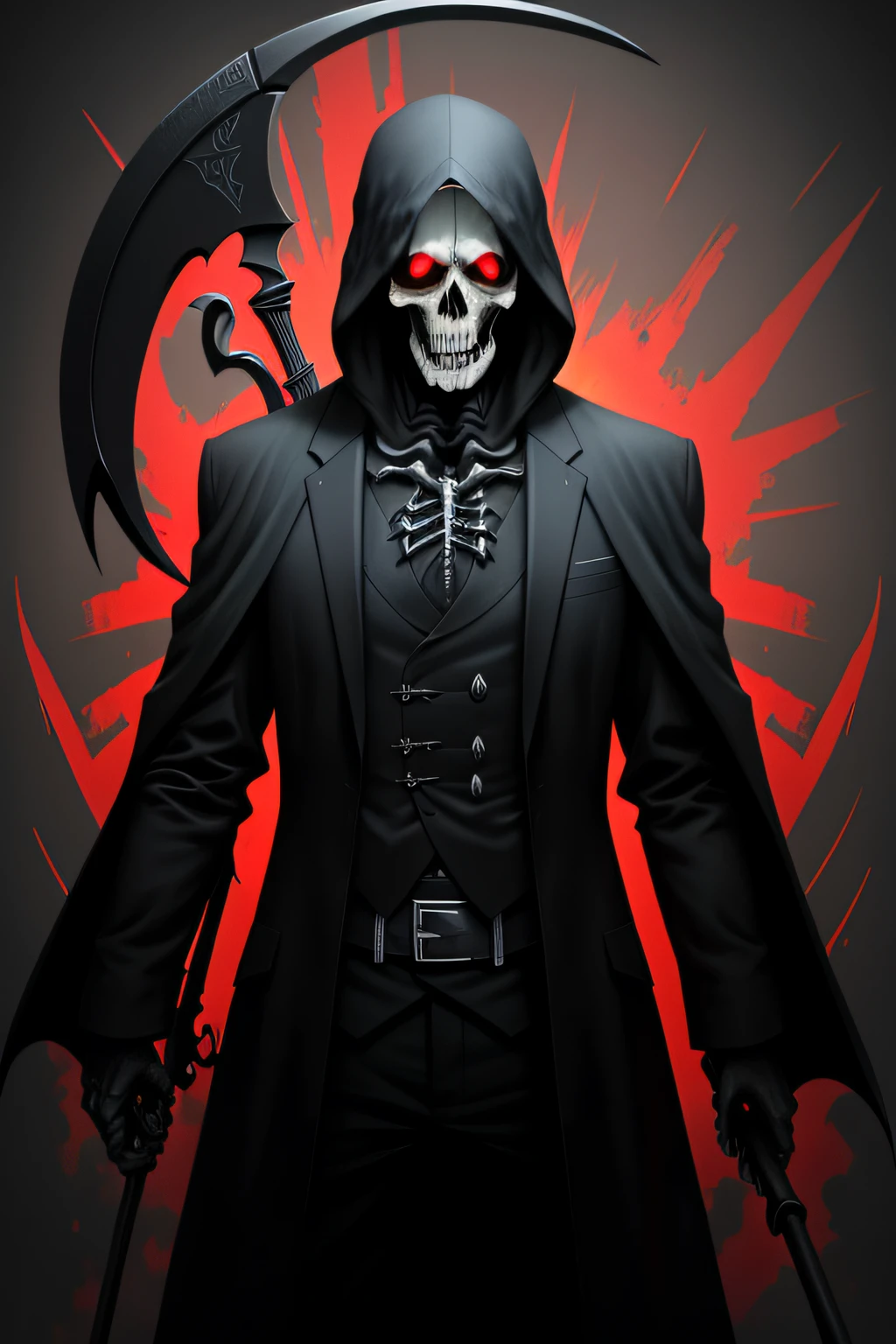 death, grim reaper, with open arms, with a scythe in one hand