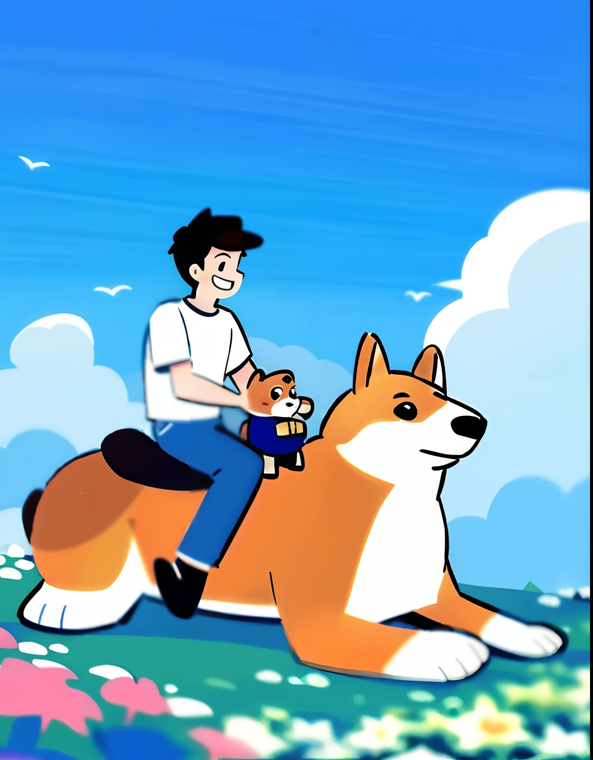 A couple sitting on a giant corgi，with blue sky and white clouds，The background is a sea of flowers，Cartoony