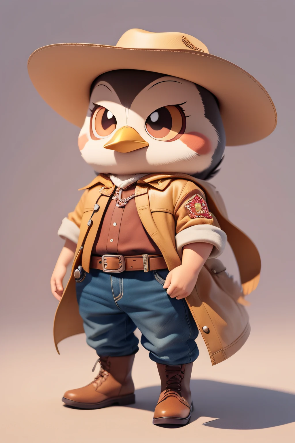 (Hand drawn cartoon style),(No shadow effect),(best qualtiy),A bird animal that looks like a western cowboy,Q version image,cowboy hat