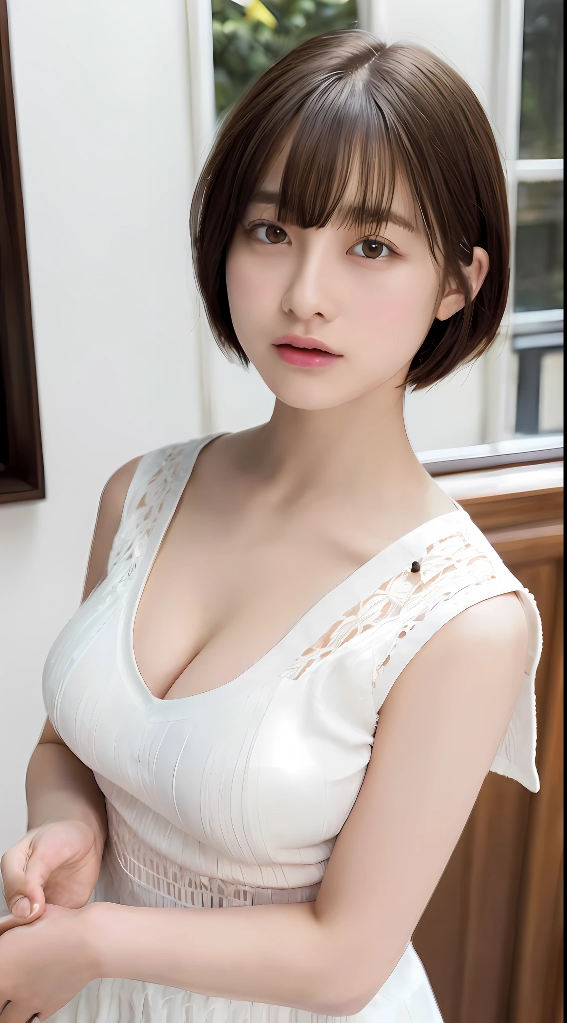 ((top-quality、8K、​masterpiece:1.3))、Detail Women:1.3、(Medium short hair、Colossal tits:1.6)、Camisole with a small area、Clothes that emphasize the chest very much、Clothes with open cleavage、Clothes that expose a lot of skin、lightly dressed、ultra -detail、the detail、eyelid、summer vacation、cafes