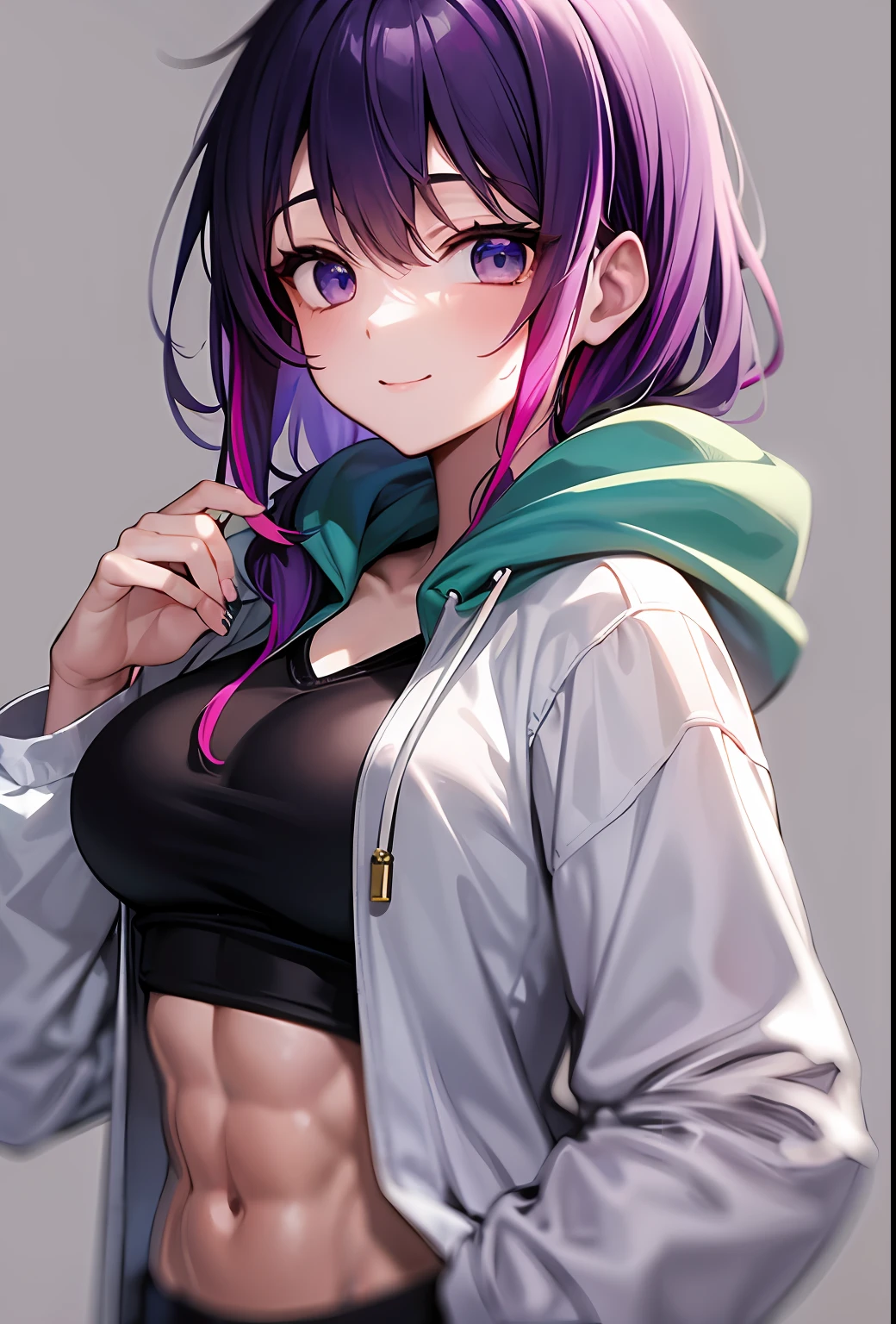 ​masterpiece、1girl、独奏、Highlights in the eyes、a smile、Green hoodie、White T-shirt、Pink and blue two-tone hair、The back of the hair is bluish-purple、Disheveled hair、Stylish simple background、A sexy、8K、Slightly abs、Beautiful skin