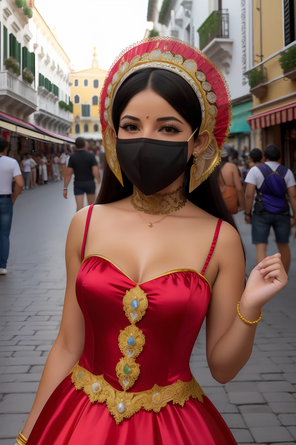 Mujer esbelta, cabello rubio largo, vestido de carnaval veneciano, calle de Venecia, calle de noche, farolas encendidas, carnival mask, hiperrealista, vestido largo, imagen de cuerpo entero, sonrisa insinuante, ojos alegres, face covered with silk mask.