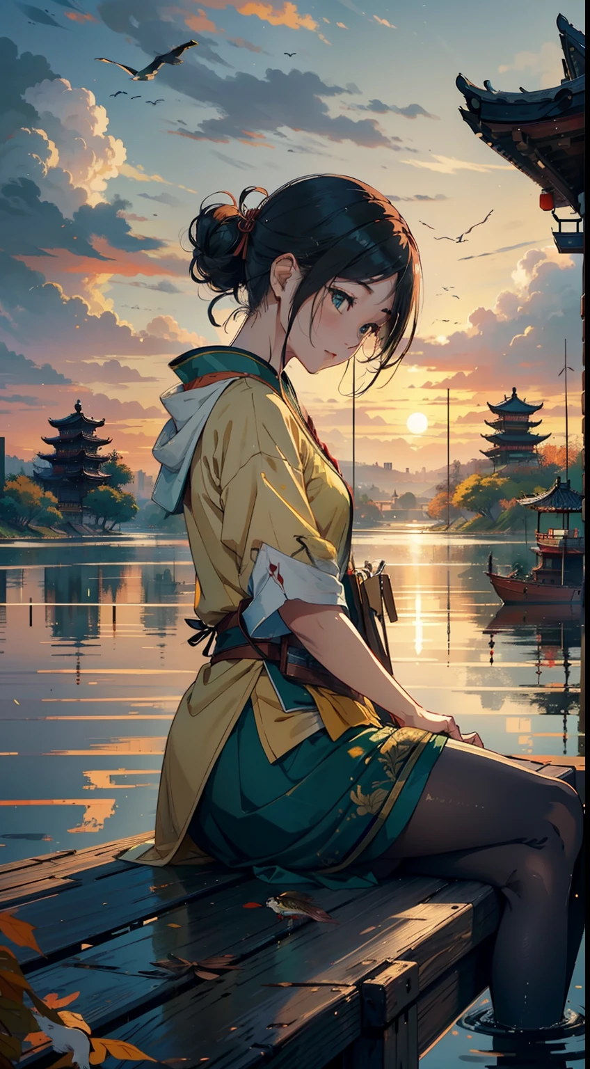 Embroidery,Leaning over,Yamabara has a clear view,Kawasawa was shocked。Lu Yan flew to the ground,Bells Food House;Shipultyazu,The home of the Green Sparrow Yellow Dragon Armour。The clouds are raining,Cai Che District Ming。The sunset and the solitary crane fly together,The autumn water is the same for a long time。Fishing boats sing late,Sounded the shore of poor Penley;The wild geese were frozen,The sound cuts off the shop of Hengyang。(Sunset landscape painting),((The vista is a huge sunset over the skyline)),(Connected to the lake),((Flying birds)),((Several ships)),Autumn tones,(an Chinese ink painting style),(Masterpiece),(Extremely detailed picture description),(8k wallpaper),(Master painting),(Noticeable light and shadow effects),(Ray traching),(Obvious layers),(depth of fields),(best qualityer),Ray