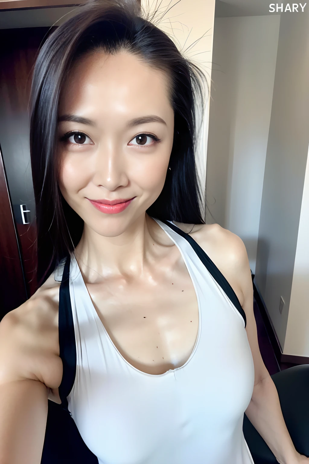 1 girl, beautiful vintage color, Instagram (photorealistic, high resolution: 1.4), staring viewer ((puffy eyes)), full body (8k, RAW photo, highest quality, masterpiece: 1.2), (realistic, photorealistic): 1.37), (sharp focus: 1.2), professional lighting, photon mapping, Radiosity, Physically Based Rendering, (White Skin: 1.2), Viewer's Gaze, (Medium Short: 1.5), Portrait, Purple Eyes, (Silver Hair: 1.1), Bangs, (Simple Background: 1.4), Solo, Upper Body, Realistic, (Masterpiece: 1.4), (Best Quality: 1.4), (Glossy Skin), Fashion Girl, Makeup, Smile (Skinny, Mouth Closed, Shy :1.3), (Standing,  see-through tight tank top, Necromancer: 1.4), huge breasts, Sexy Pose, (Smile)